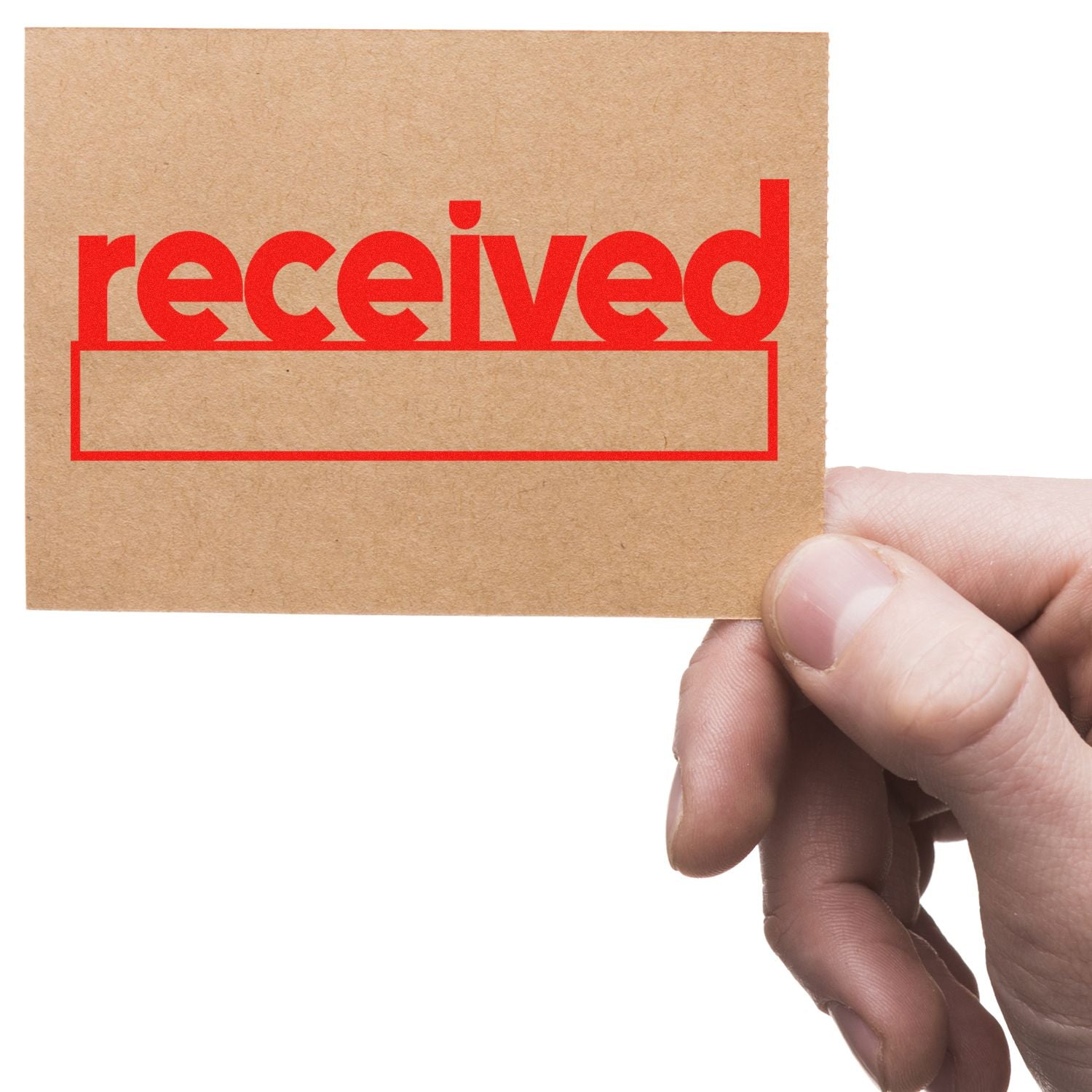 Hand holding a card stamped with a red lowercase received and an empty date box below it.