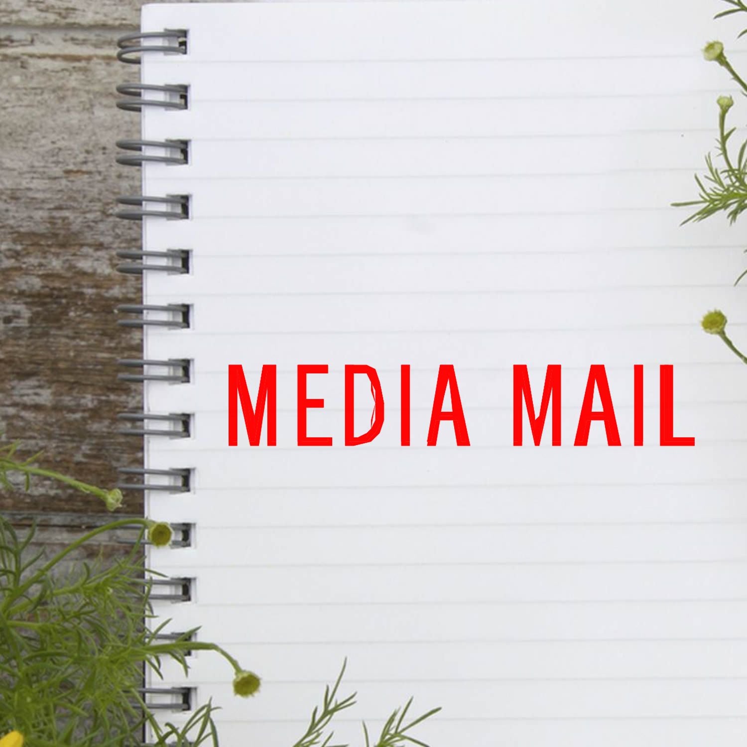 Spiral notebook with a red 'Media Mail' rubber stamp imprint on a lined page, surrounded by green plants.