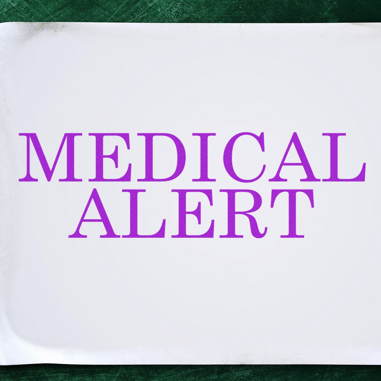 Medical Alert Rubber Stamp in purple ink on white paper, emphasizing the importance of medical information.