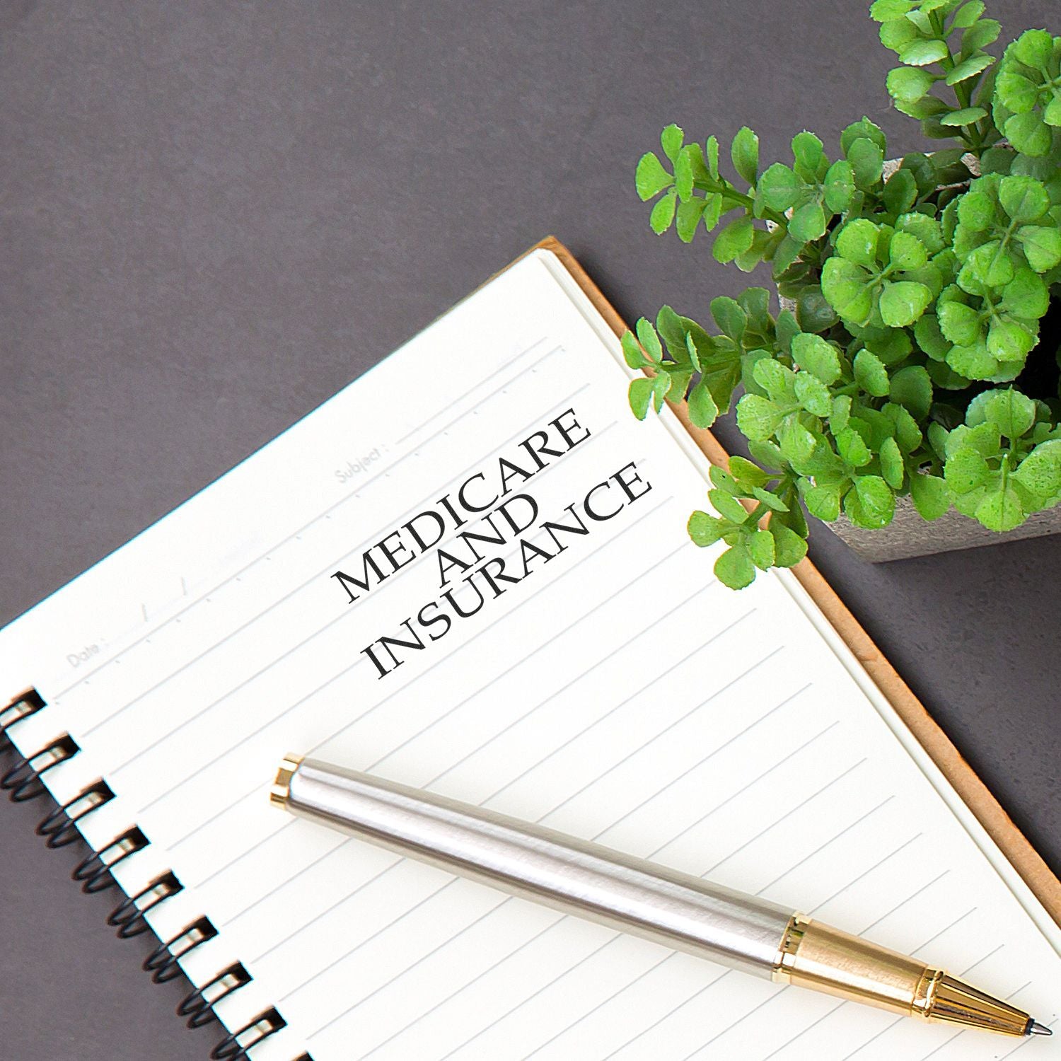 A notebook with Medicare And Insurance stamped on a page, a pen, and a potted plant on a gray surface.