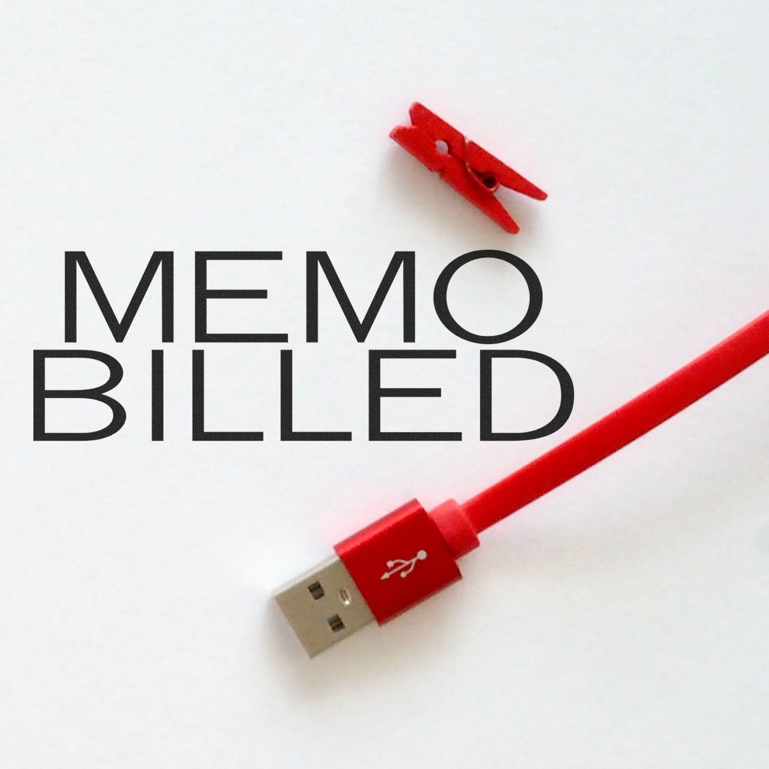 Red Memo Billed Rubber Stamp on a white background with a red USB cable and a small red clothespin nearby.