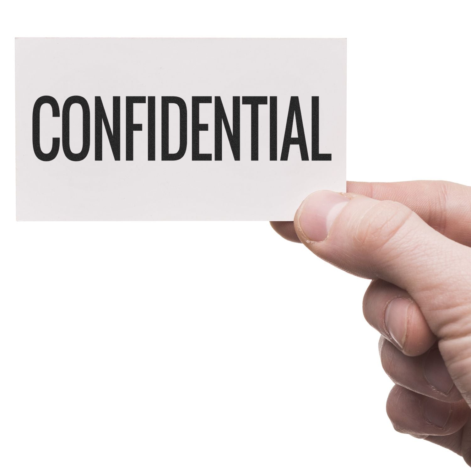 A hand holding a card stamped with CONFIDENTIAL using the Self Inking Narrow Confidential Stamp.