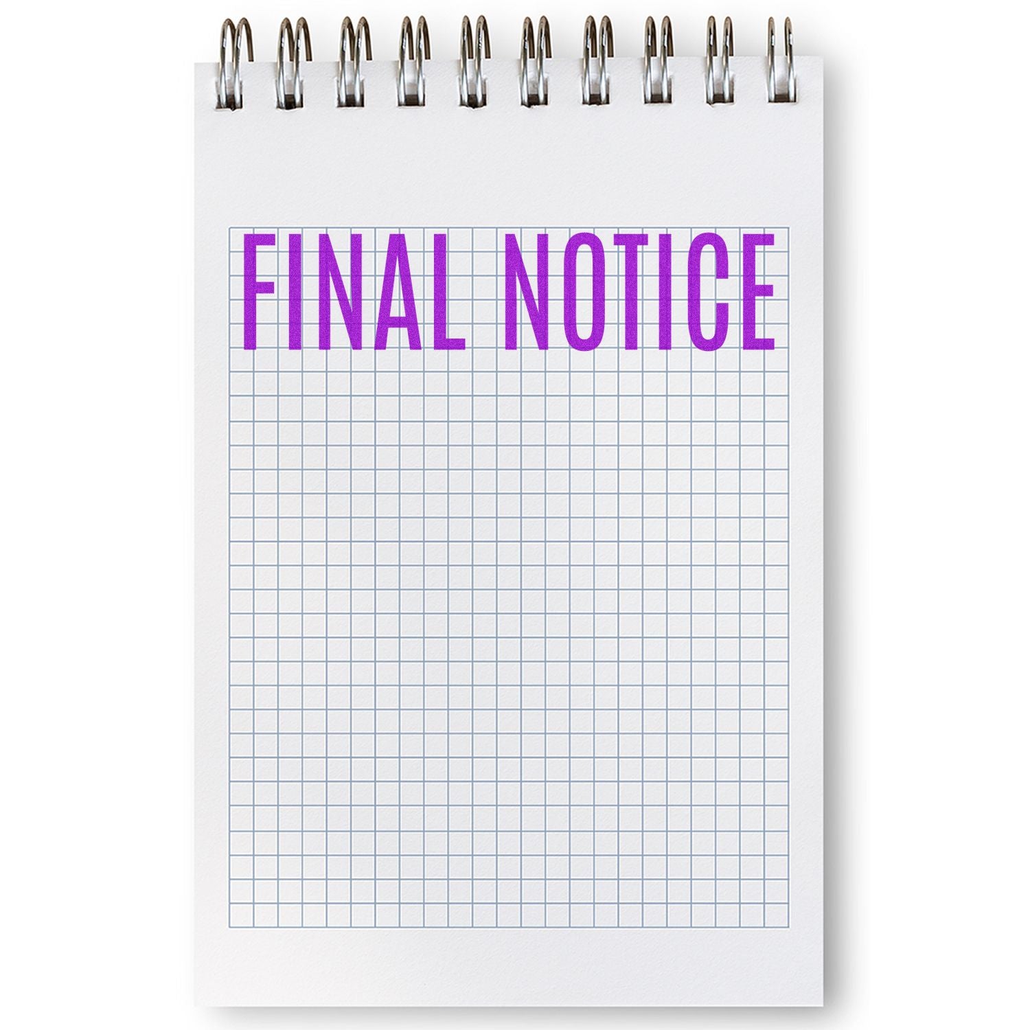 A notepad with a grid pattern and the words FINAL NOTICE stamped in purple using a narrow font final notice rubber stamp.