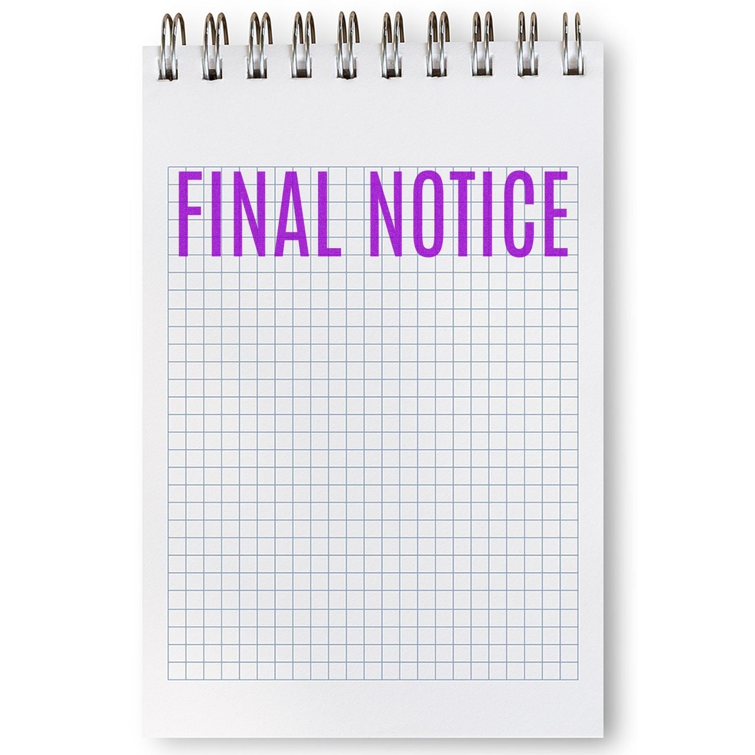 Self Inking Narrow Font Final Notice Stamp used on a spiral-bound notepad with grid paper, displaying 'FINAL NOTICE' in purple ink.