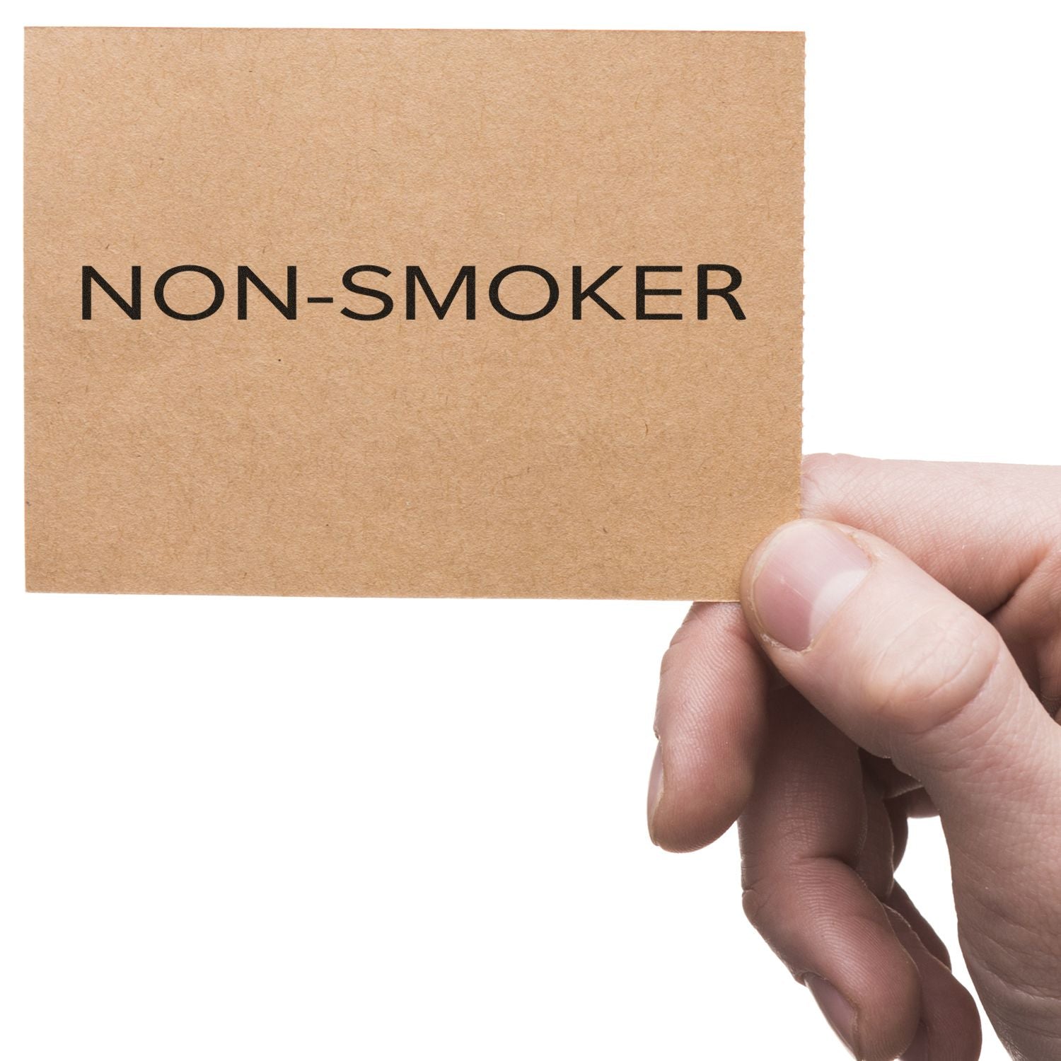 Hand holding a card stamped with NON-SMOKER using the Large Narrow Font Non-Smoker Rubber Stamp.