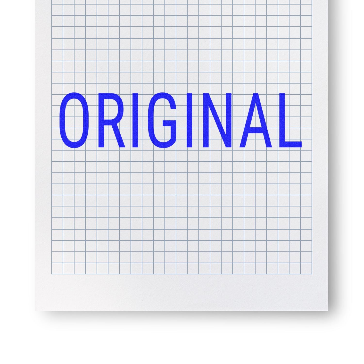 Blue 'ORIGINAL' stamped on graph paper using the Narrow Font Original Rubber Stamp.