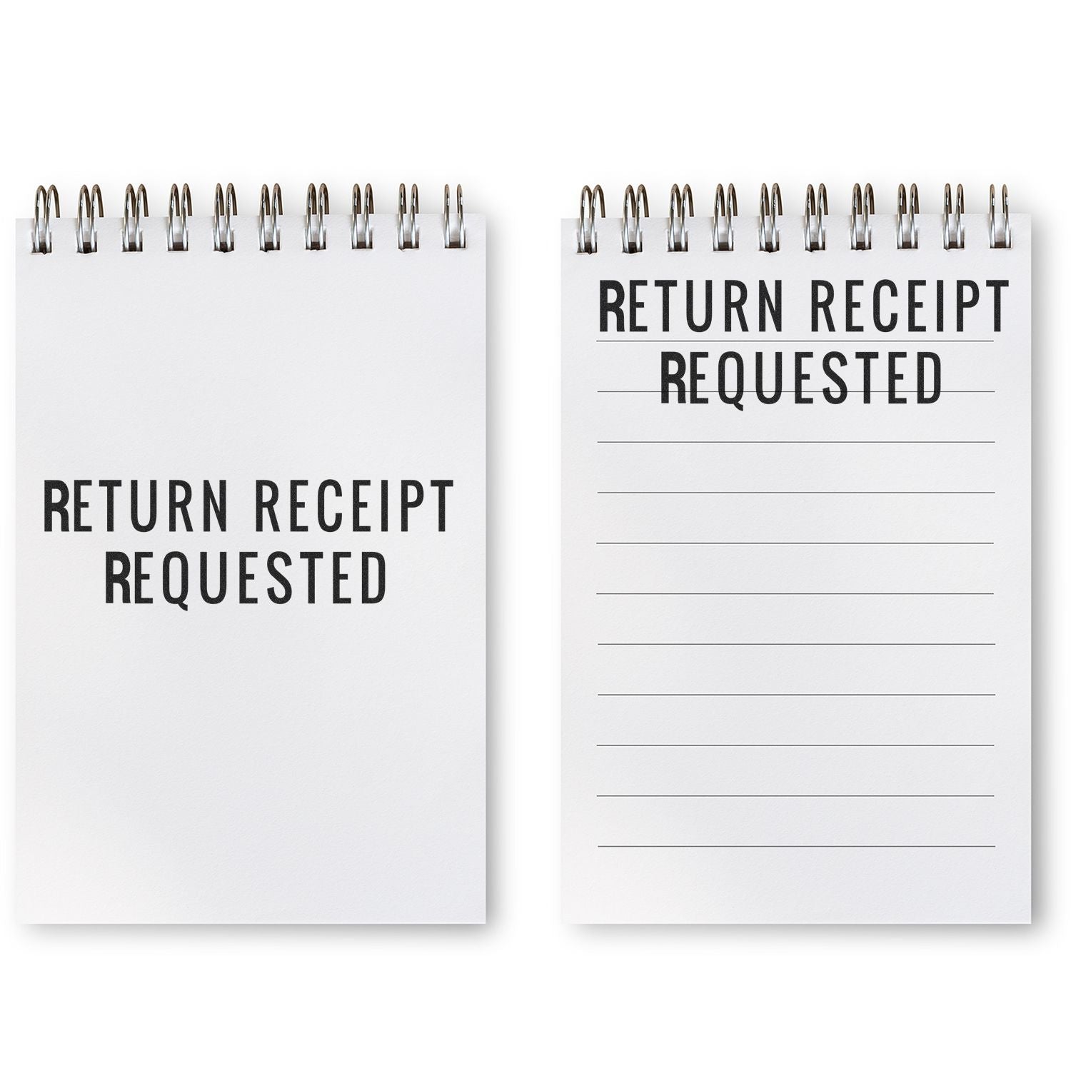 Two notepads stamped with RETURN RECEIPT REQUESTED using the Large Narrow Font Return Receipt Requested Self Inking Stamp.