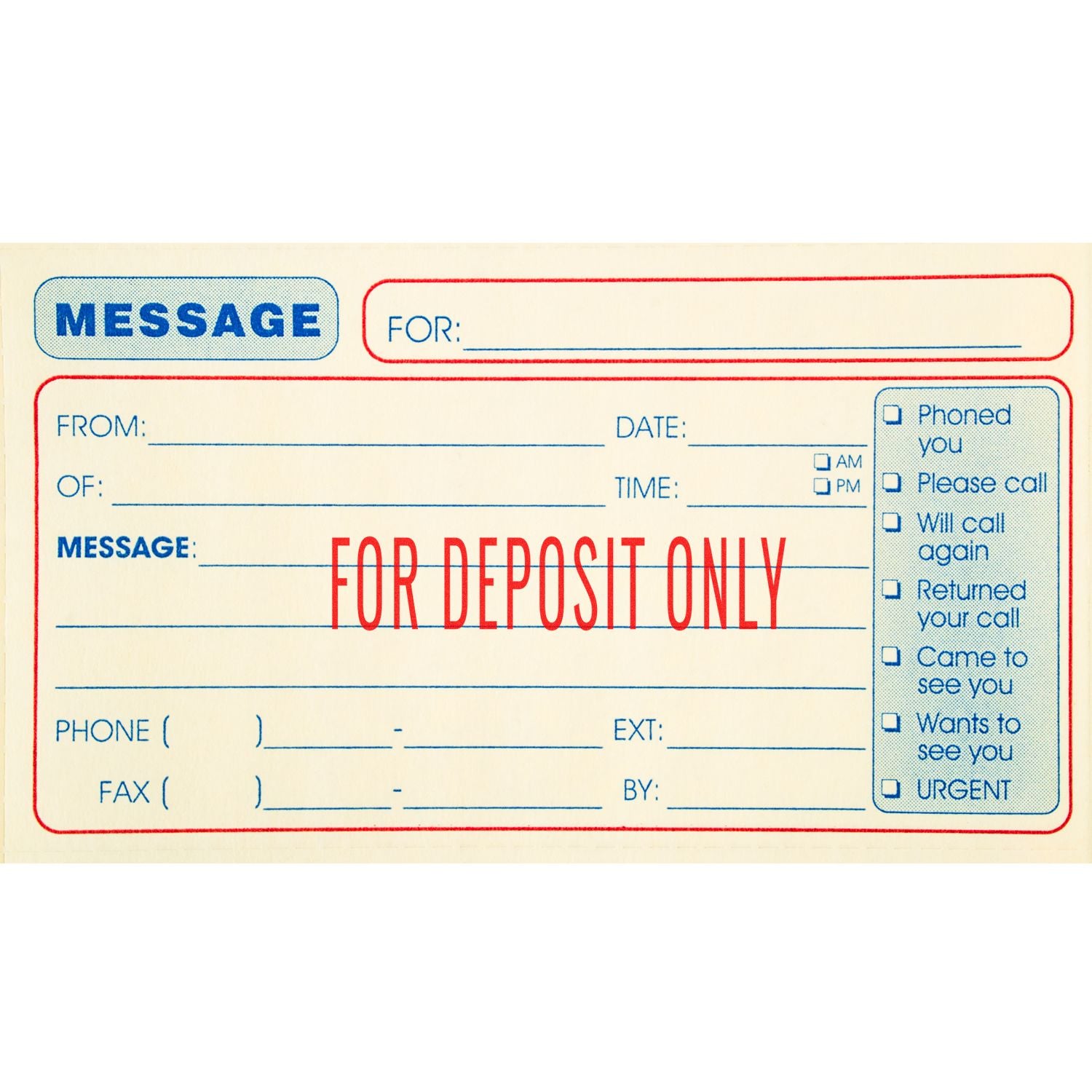 A stock office rubber stamp with a stamped image showing how the text "FOR DEPOSIT ONLY" in a large narrow font is displayed after stamping.