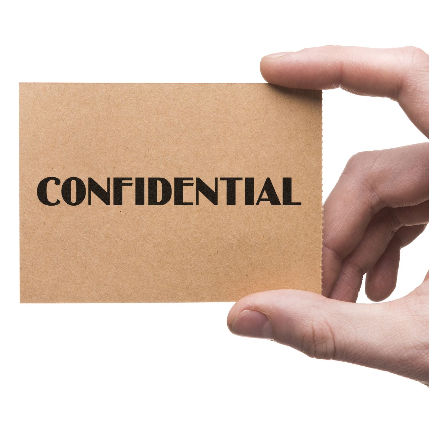 Hand holding a card stamped with CONFIDENTIAL using an Optima Confidential Rubber Stamp.