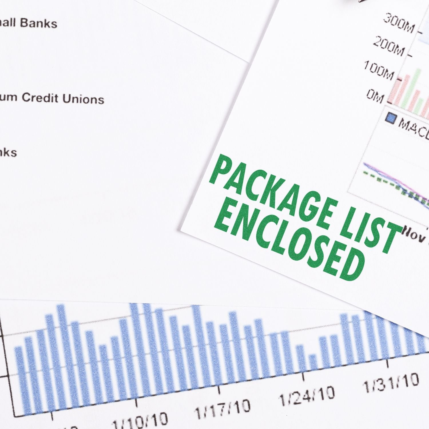 Self Inking Package List Enclosed Shipping Stamp used on a document with graphs and charts in the background.