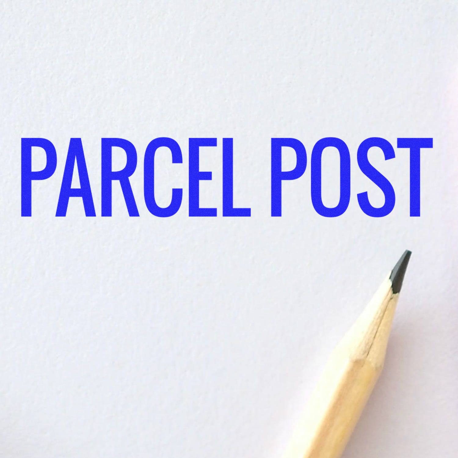 Large Pre-Inked Parcel Post Stamp in blue ink on white paper, with a pencil tip visible at the bottom right corner.