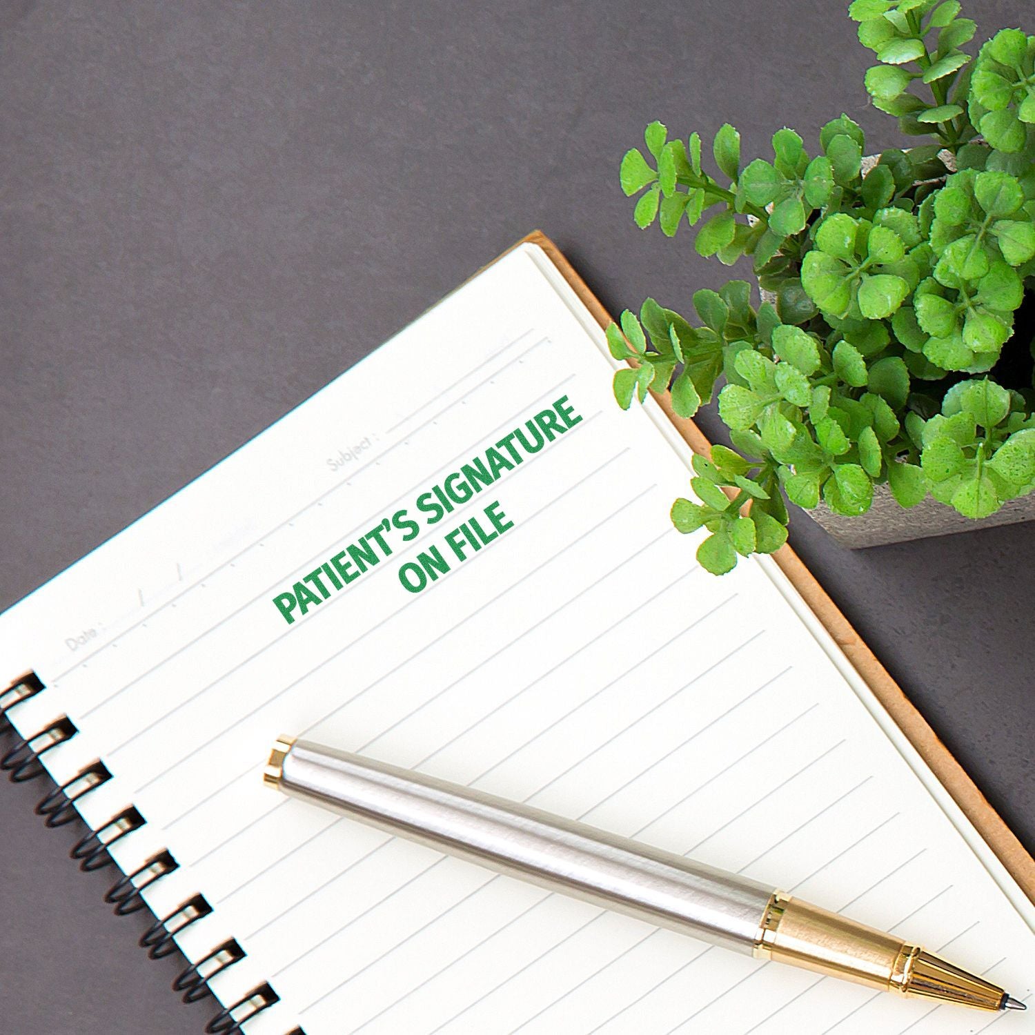 Slim Pre-Inked Patients Signature on File Stamp used on a notebook page with a pen and a potted plant nearby.