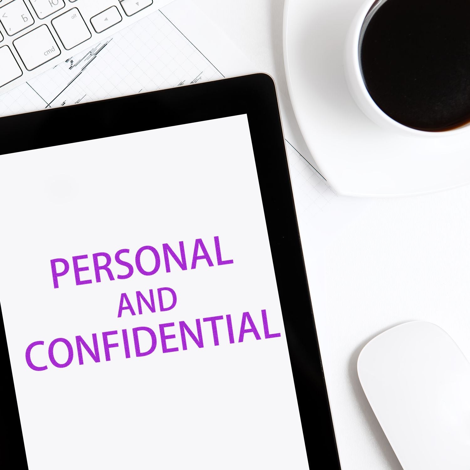 Tablet displaying Personal and Confidential text, next to a keyboard, coffee cup, and mouse. Focus word: Personal Confidential Rubber Stamp.