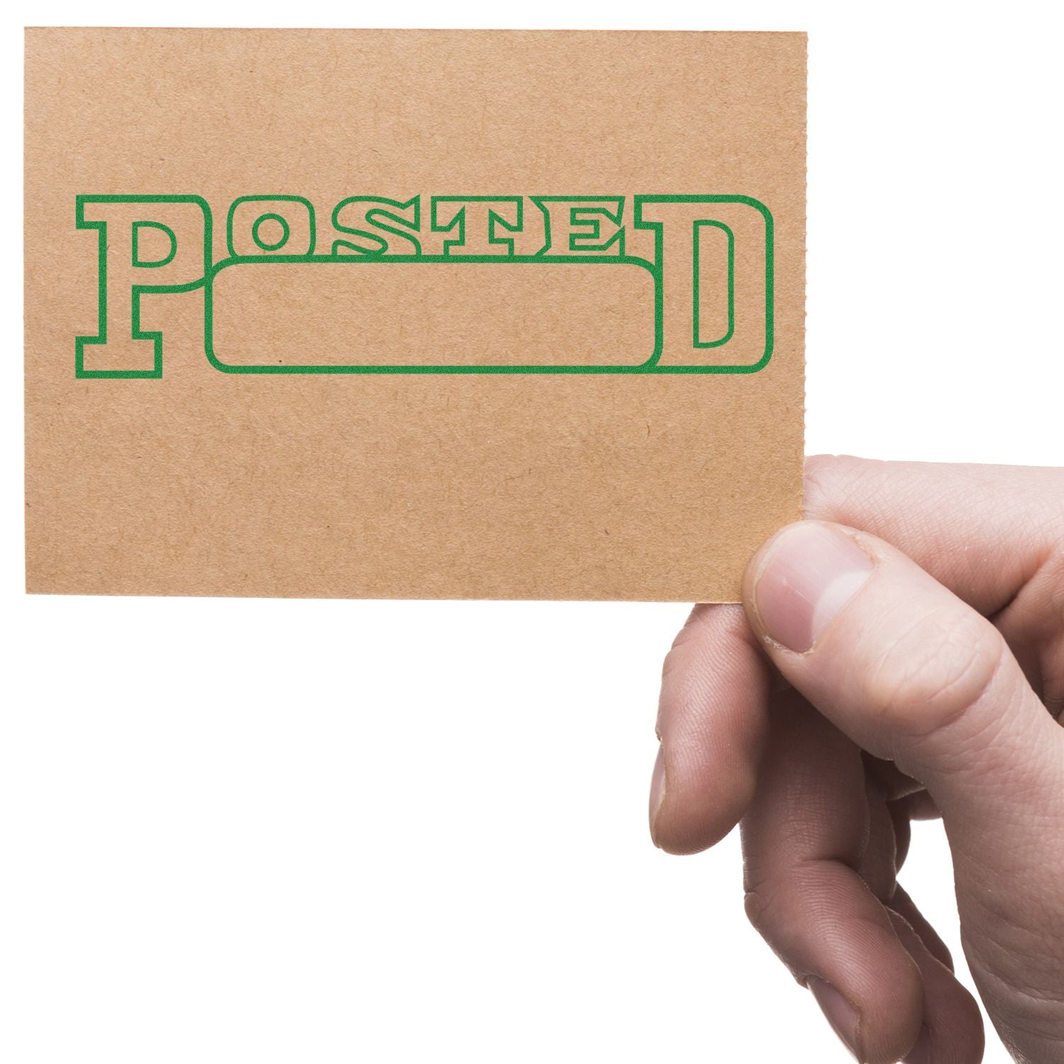 Hand holding a card stamped with Posted using a Slim Pre-Inked Posted with Date Box Stamp in green ink.