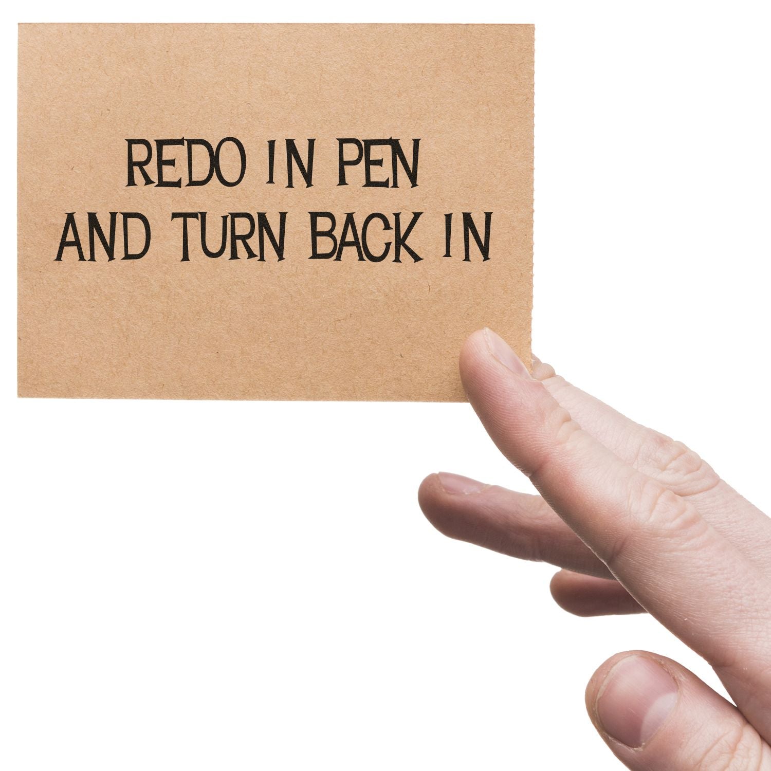 Hand holding a card with the text Redo In Pen And Turn Back In stamped using a Large Pre-Inked Redo In Pen And Turn Back In Stamp.