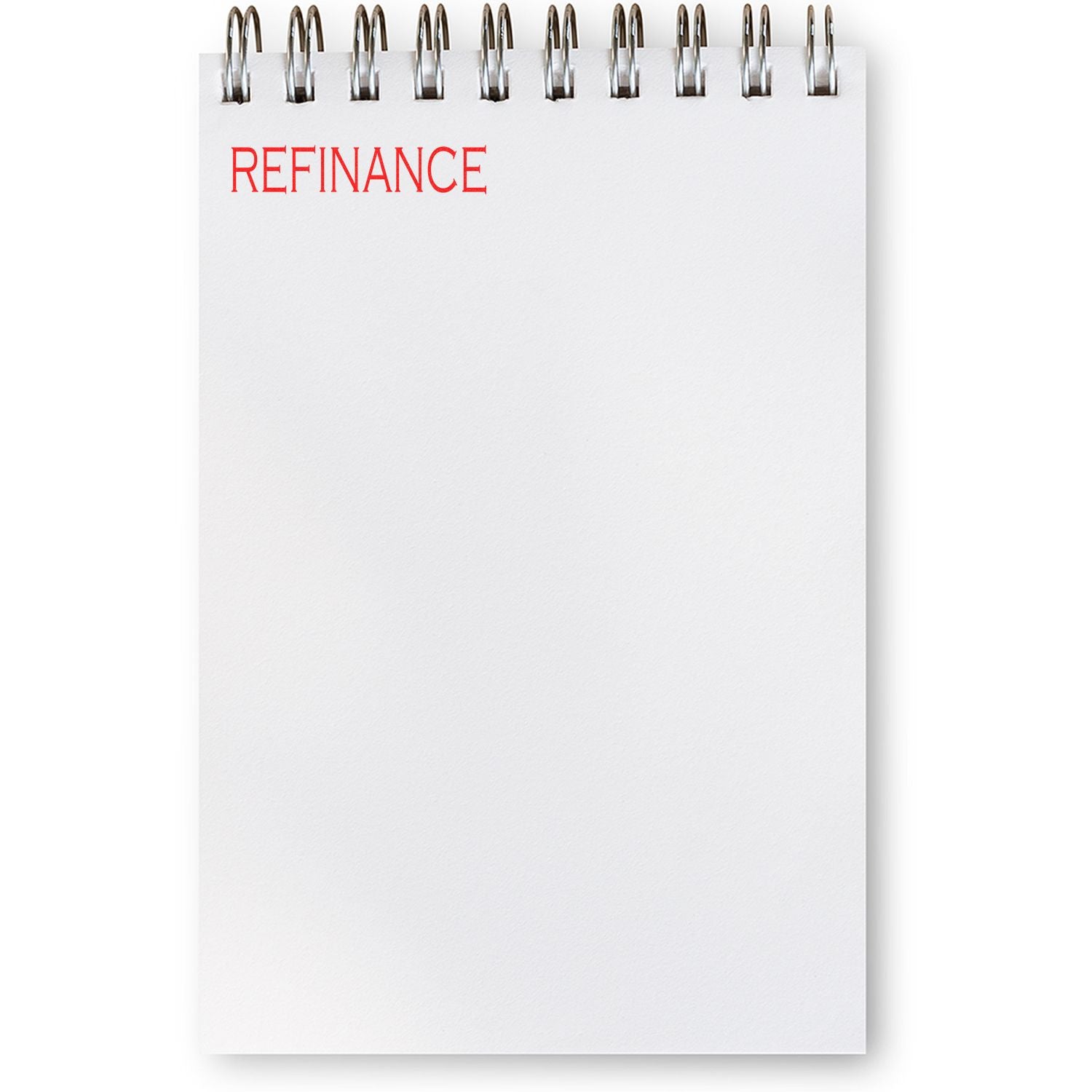 A Large Self Inking Refinance Stamp is used on a white spiral notepad, leaving a clear red REFINANCE imprint at the top of the page.