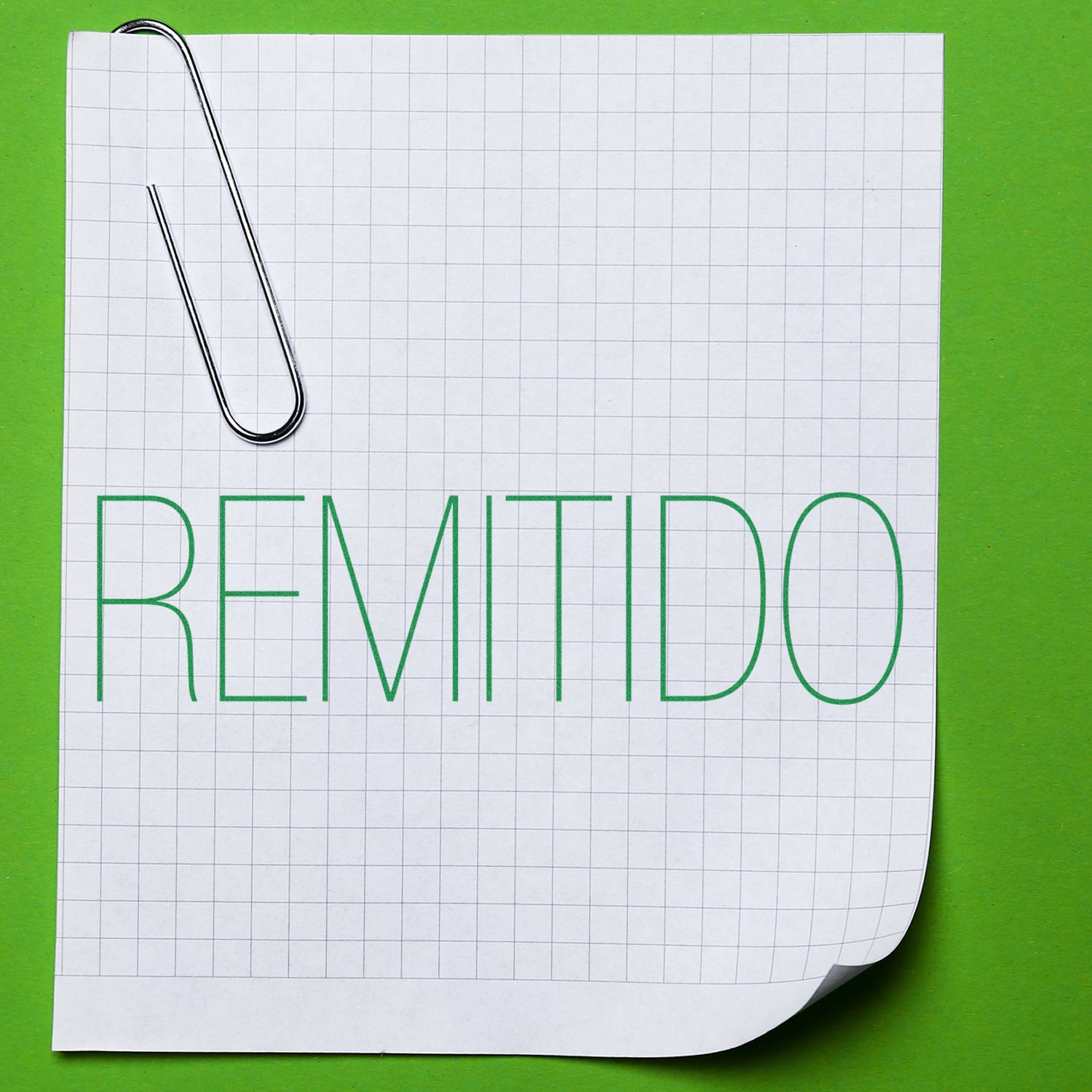 Large Remitido Rubber Stamp used on a grid paper with a paperclip, placed on a green background.