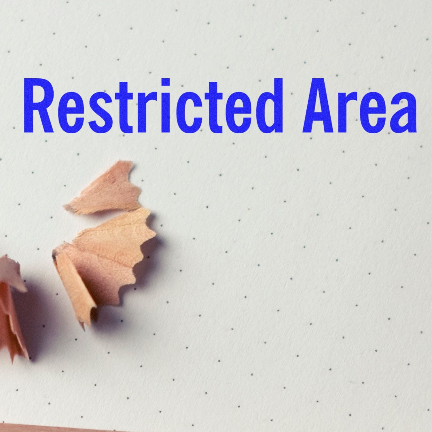 Large Restricted Area Rubber Stamp imprint on dotted paper with pencil shavings nearby.