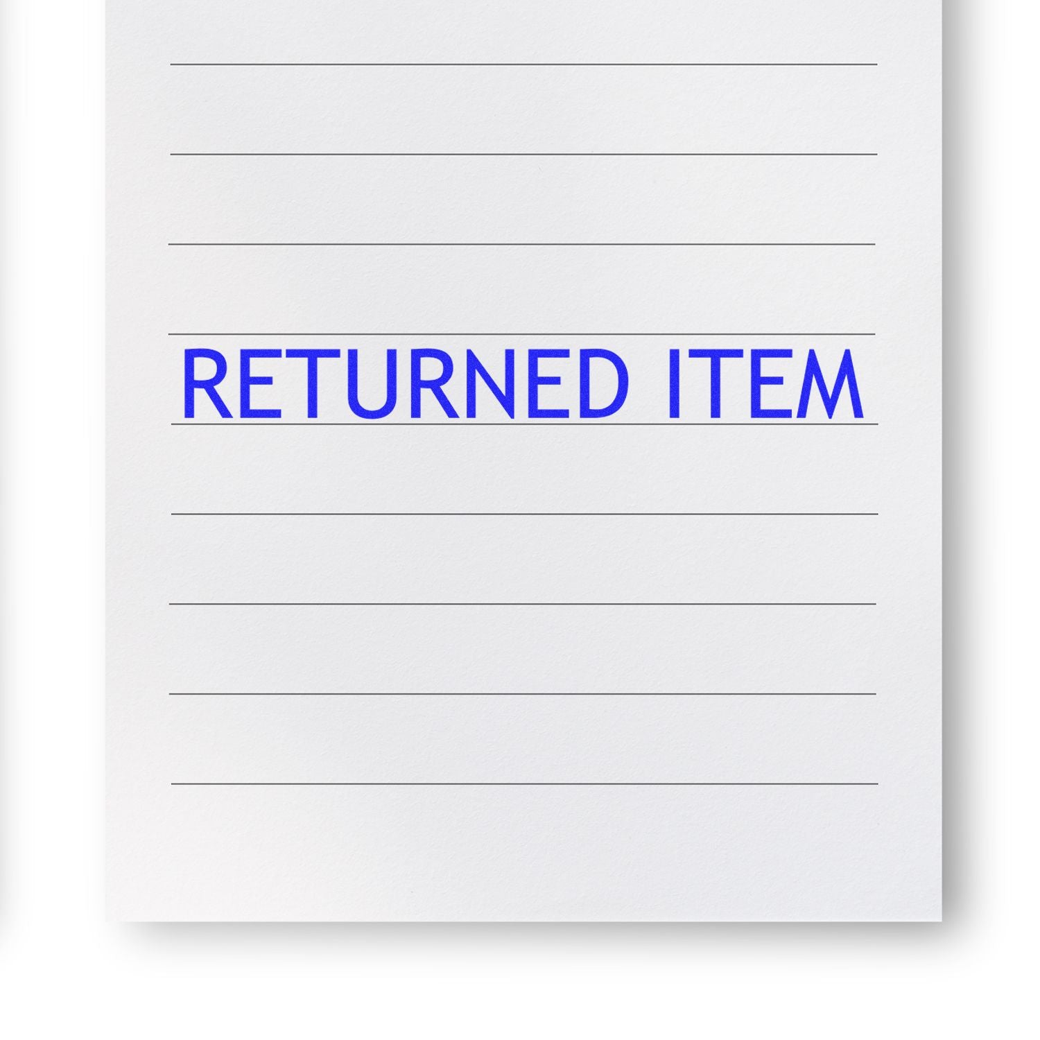 Returned Item Rubber Stamp in blue ink on a lined white paper, indicating the item has been returned.