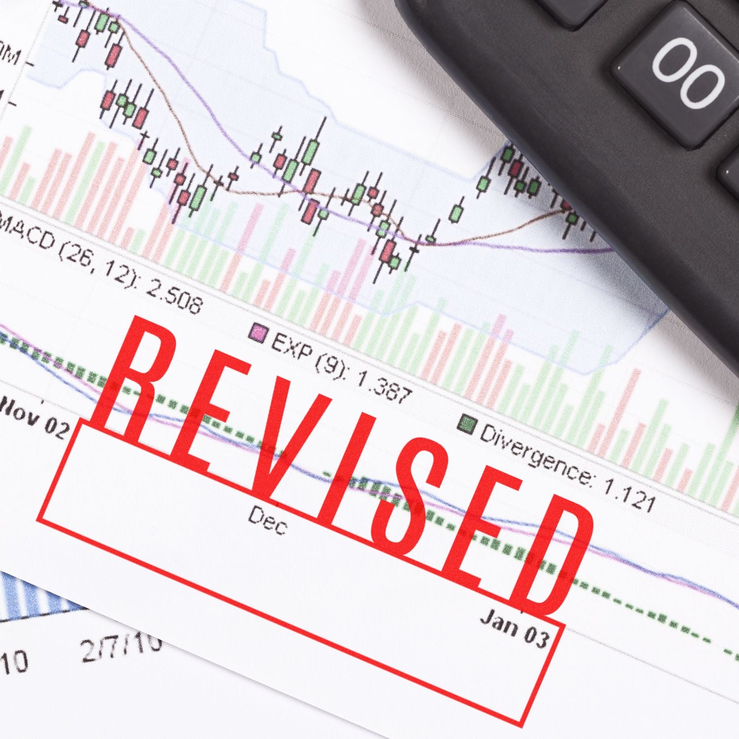 A "Revised with Box Rubber Stamp" is stamped in red on a financial document with stock charts and a calculator in the background.