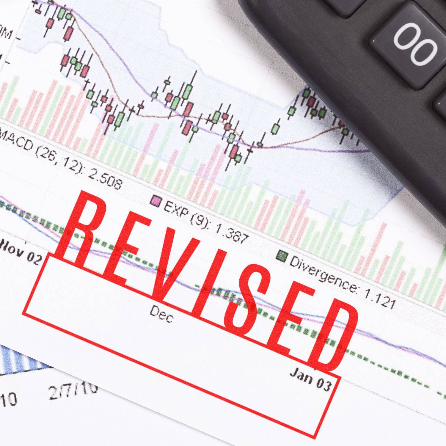 Large Revised with Box Rubber Stamp marking a financial document with a red REVISED stamp, calculator and charts in the background.