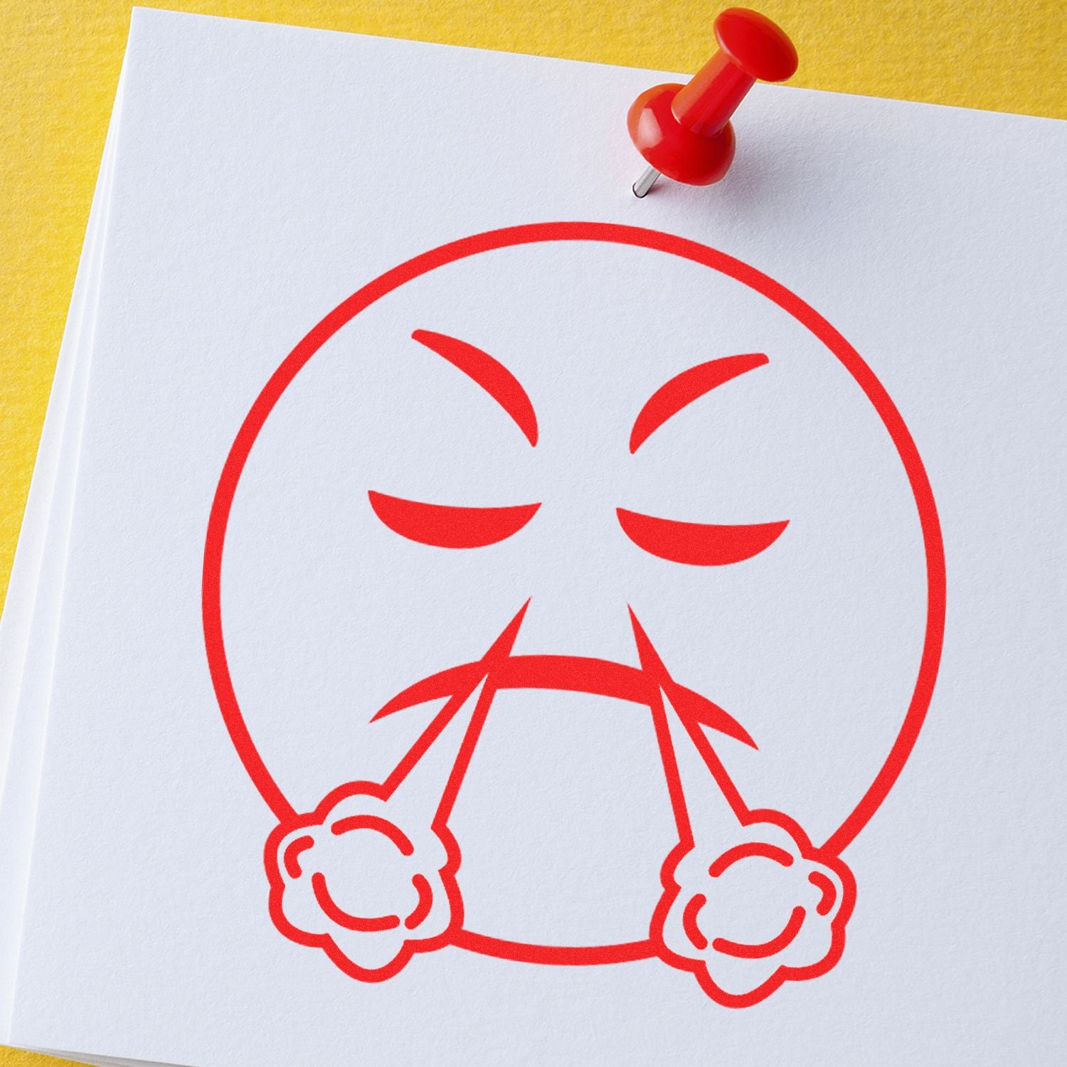 Round Angry Smiley Rubber Stamp in red ink on white paper, showing an angry face with steam coming out of its nostrils.