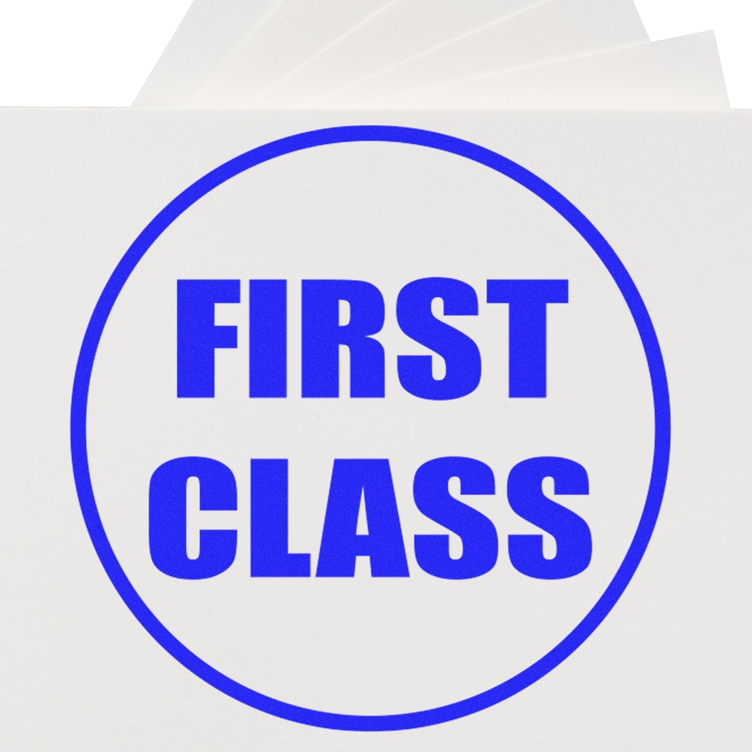 Self Inking Round First Class Stamp in blue ink, showing the words FIRST CLASS inside a circle on a white background.