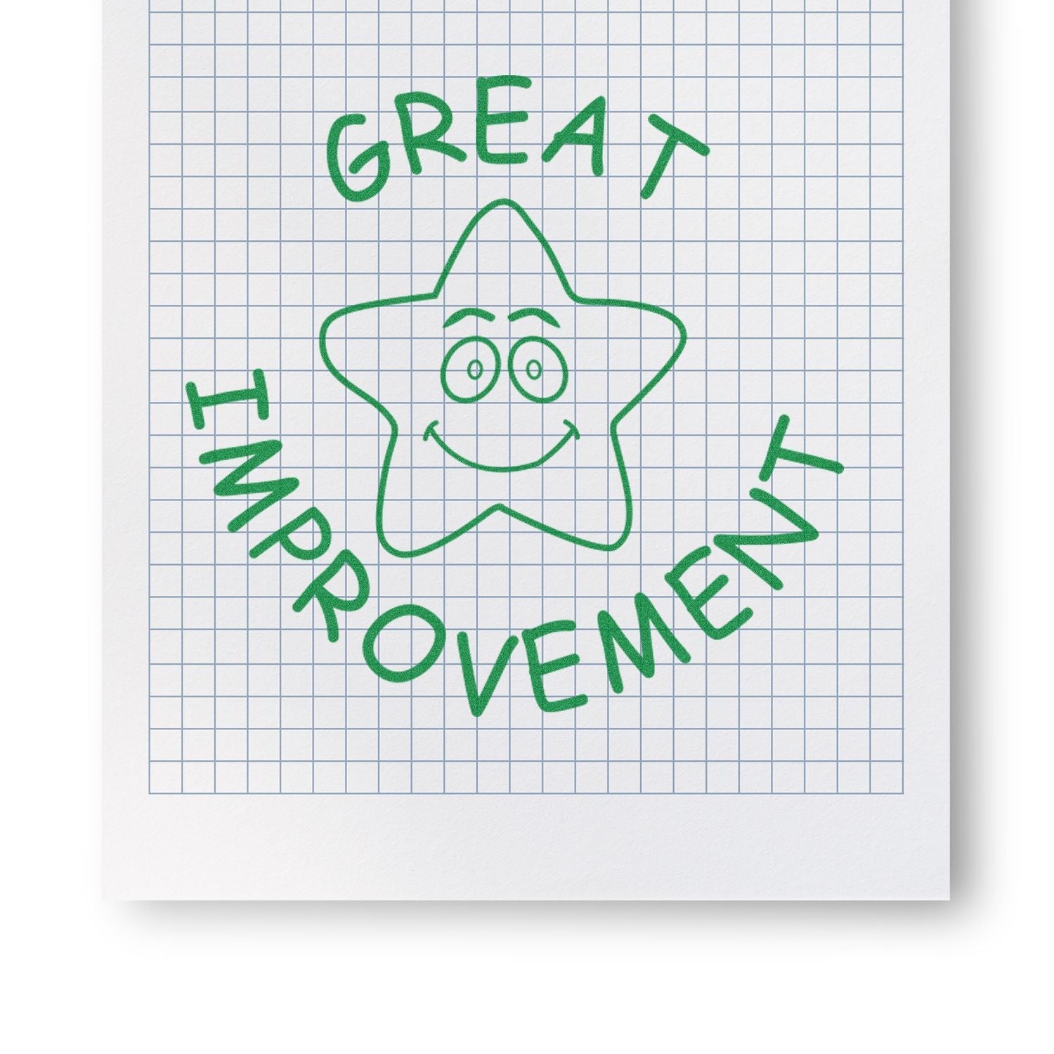 Self Inking Round Great Improvement Stamp in green ink on graph paper, featuring a smiling star with the words Great Improvement around it.