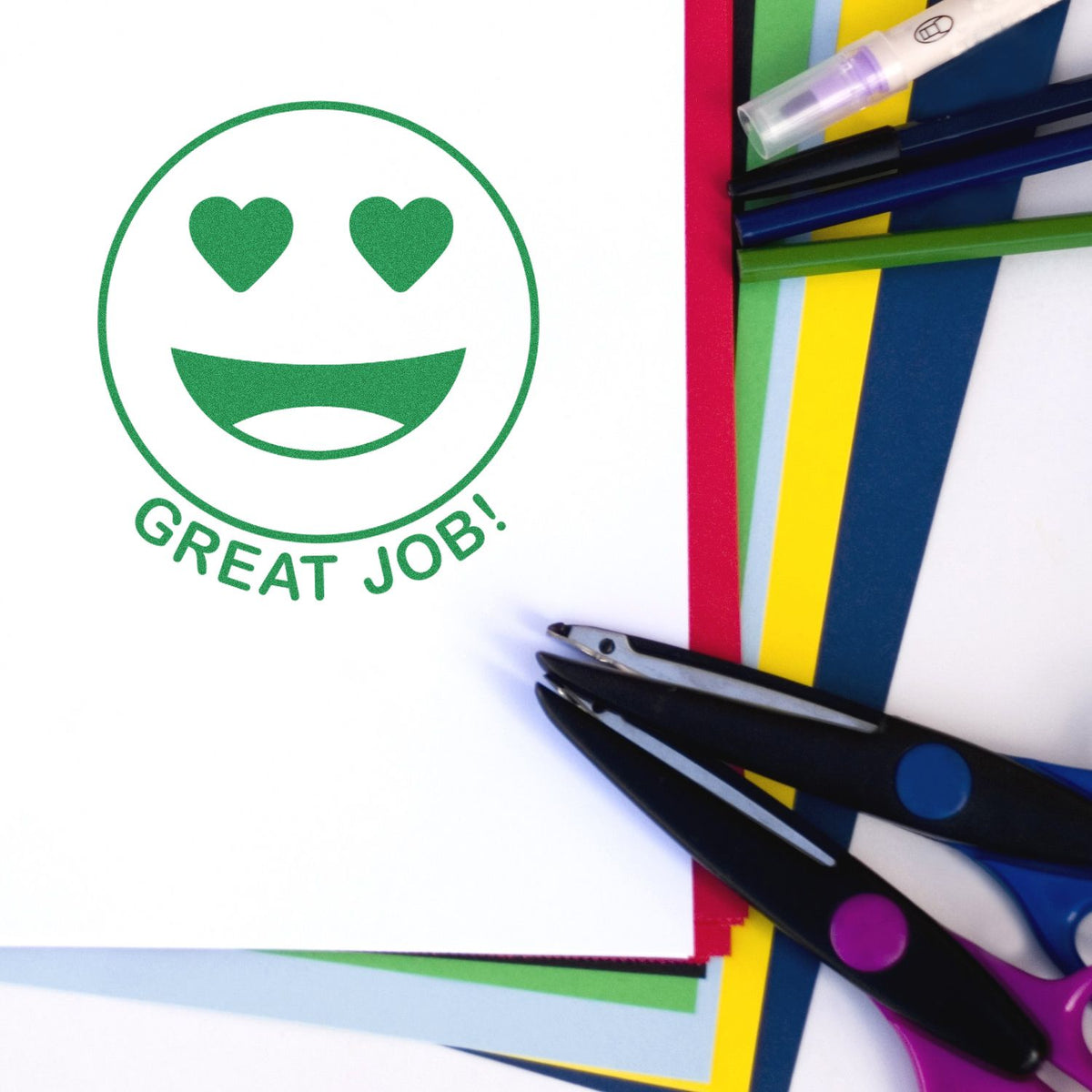 Round Great Job Smiley Rubber Stamp In Use