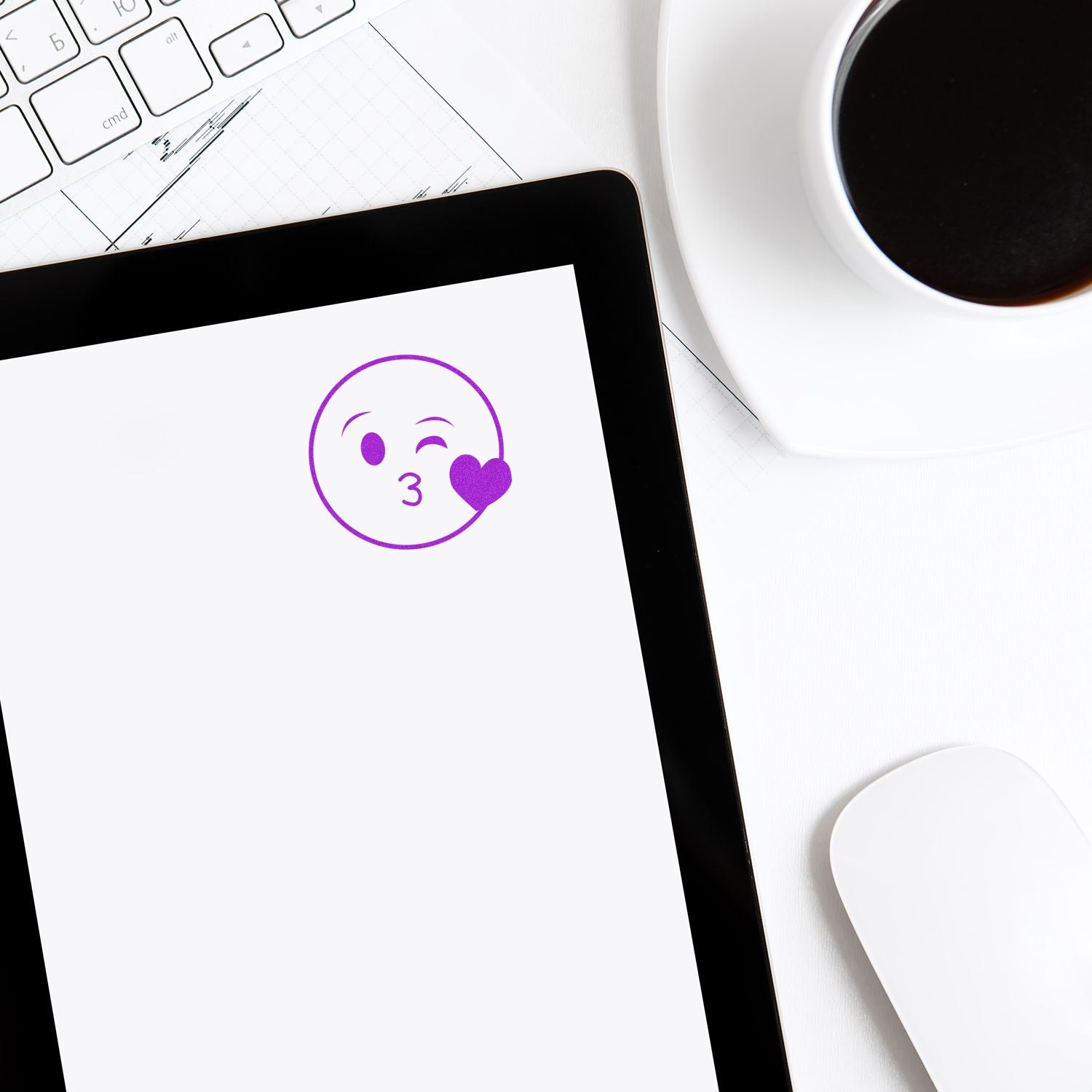 Round Happy Smiley Rubber Stamp in purple ink on white paper, next to a keyboard, tablet, coffee cup, and mouse.