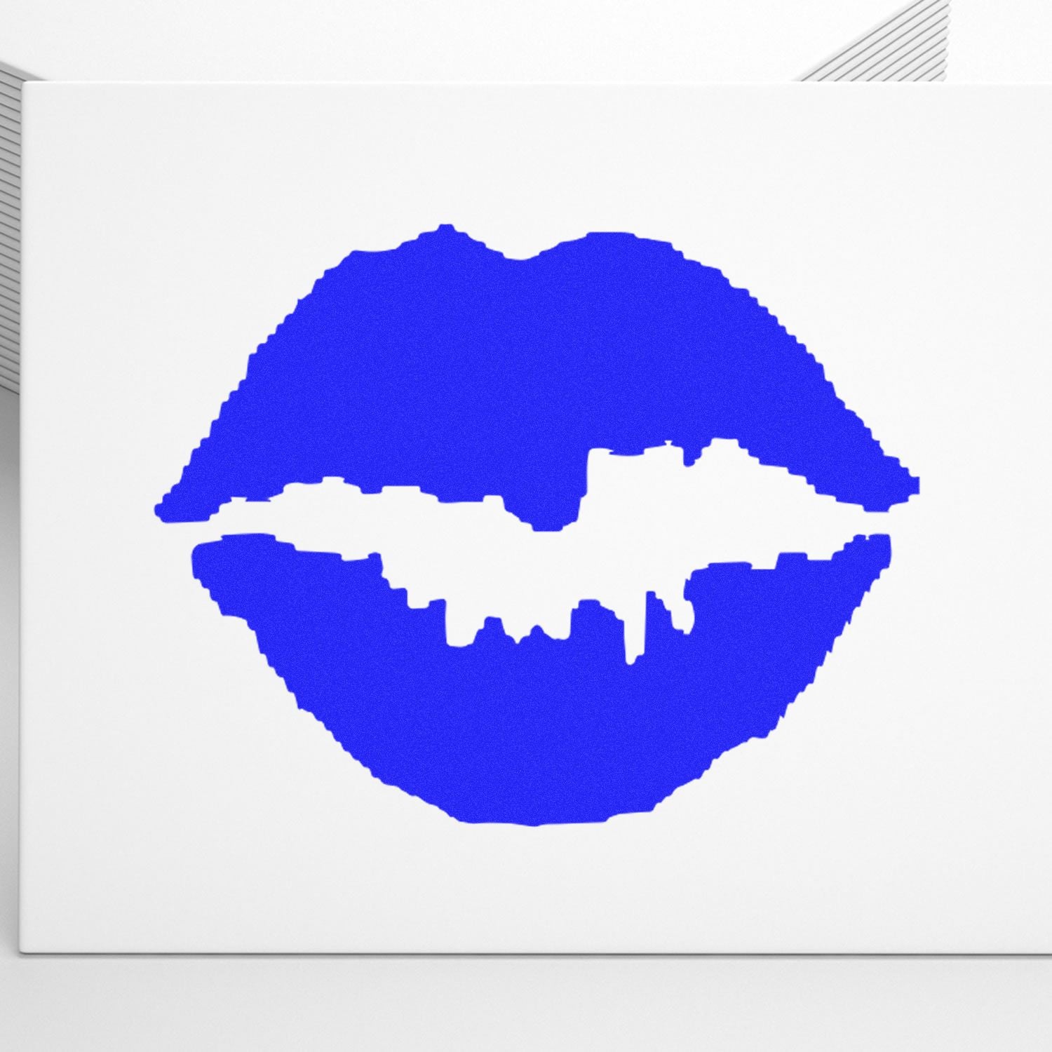 Blue Round Kiss Rubber Stamp impression on white paper, showing a bold, lip-shaped design.