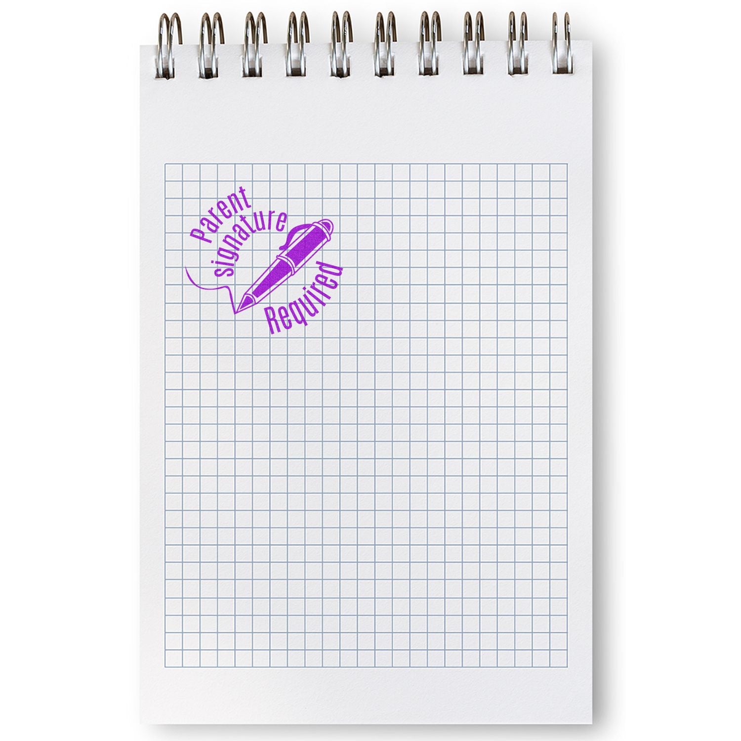 Round Parent Signature Required Rubber Stamp in purple ink on a spiral-bound grid notebook.