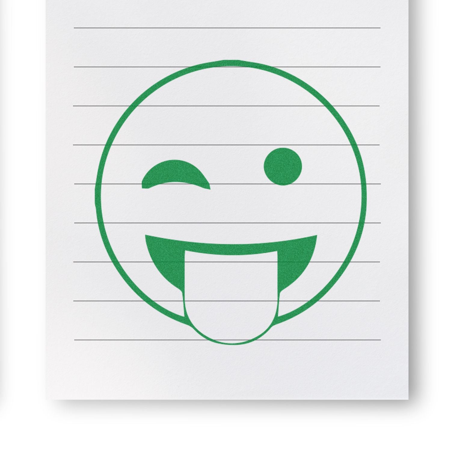 Self Inking Round Tongue out smiley Stamp in green ink on lined paper, featuring a winking face with its tongue sticking out.