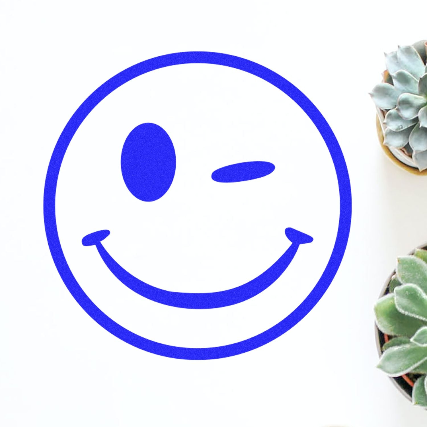 Self Inking Round Winking Smiley Stamp in blue ink on white paper, next to two small potted succulents.