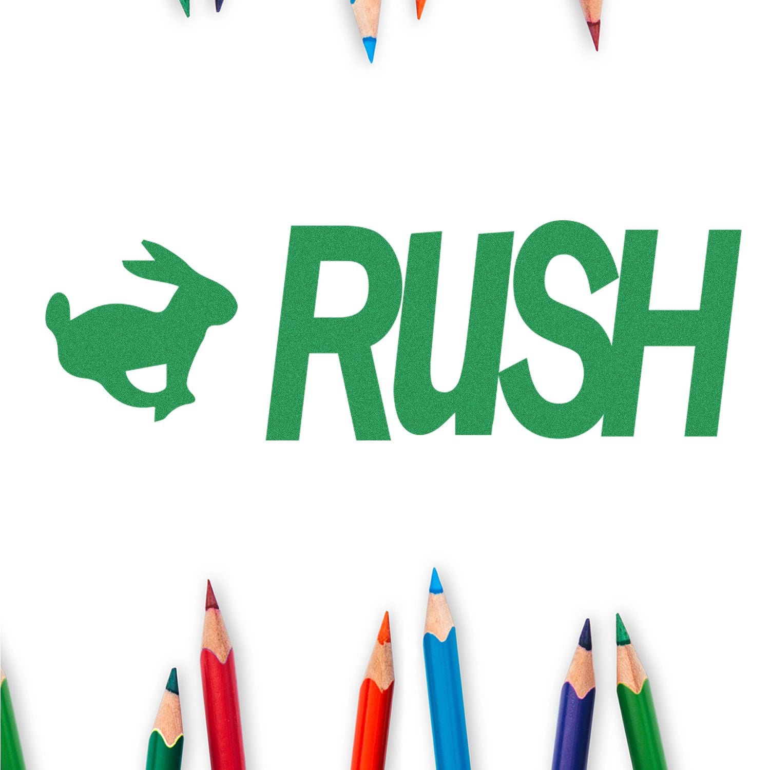 Colorful pencils surround the green Self Inking Rush with Rabbit Stamp logo featuring a rabbit silhouette and the word RUSH.