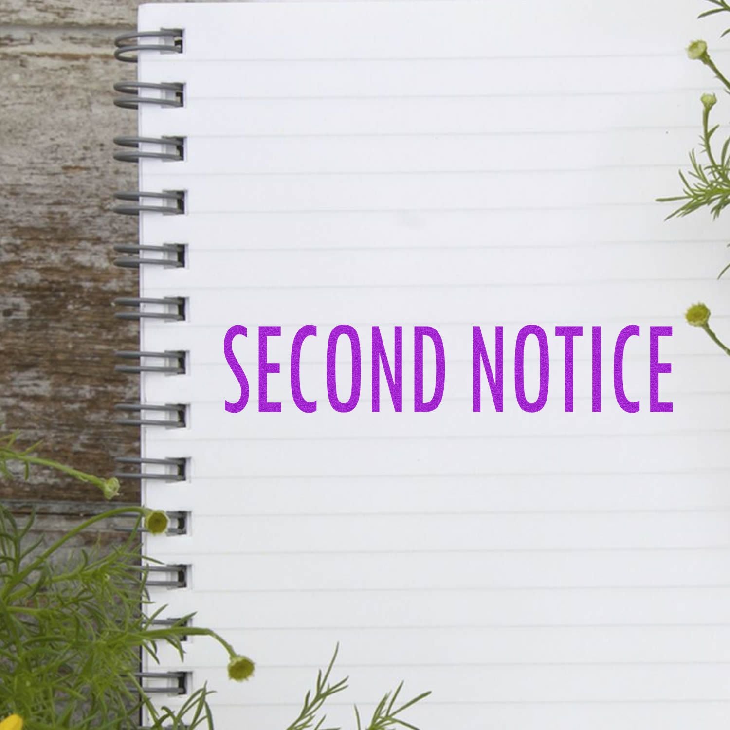 Large Second Notice Rubber Stamp used on a spiral notebook with lined pages, surrounded by green plants on a wooden surface.