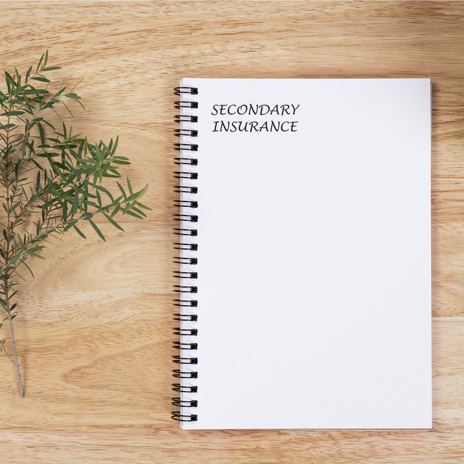 A notebook stamped with Secondary Insurance using the Large Secondary Insurance Rubber Stamp, placed on a wooden surface with a plant beside it.