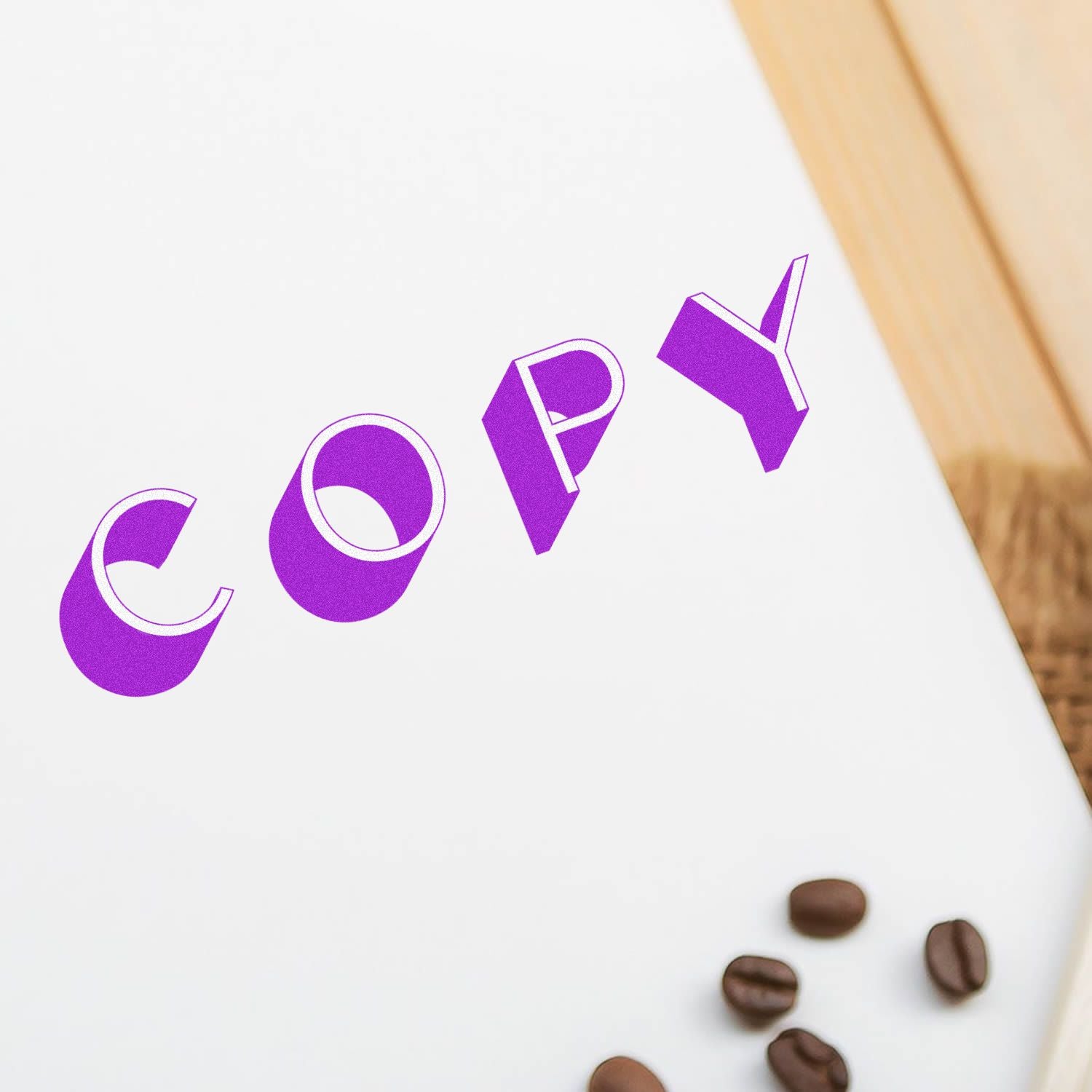 Large Pre-Inked Shadow Copy Stamp in use, creating a bold purple COPY imprint on white paper, with coffee beans nearby.