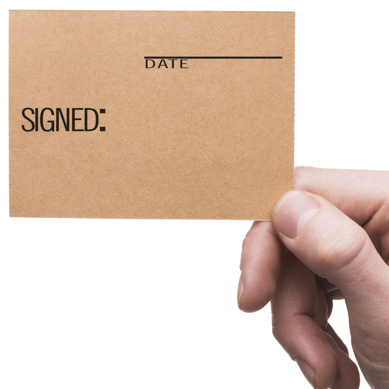 A hand holding a card with SIGNED: and DATE printed, using a Signed with Date Rubber Stamp.