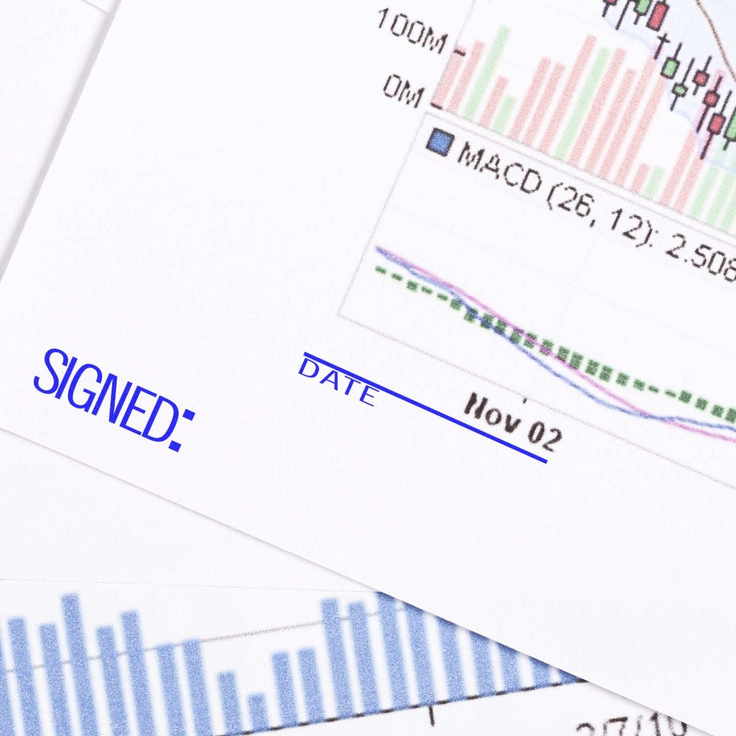 A document with a Signed with Date Rubber Stamp showing the word SIGNED and a blank space for the date, next to a financial chart.