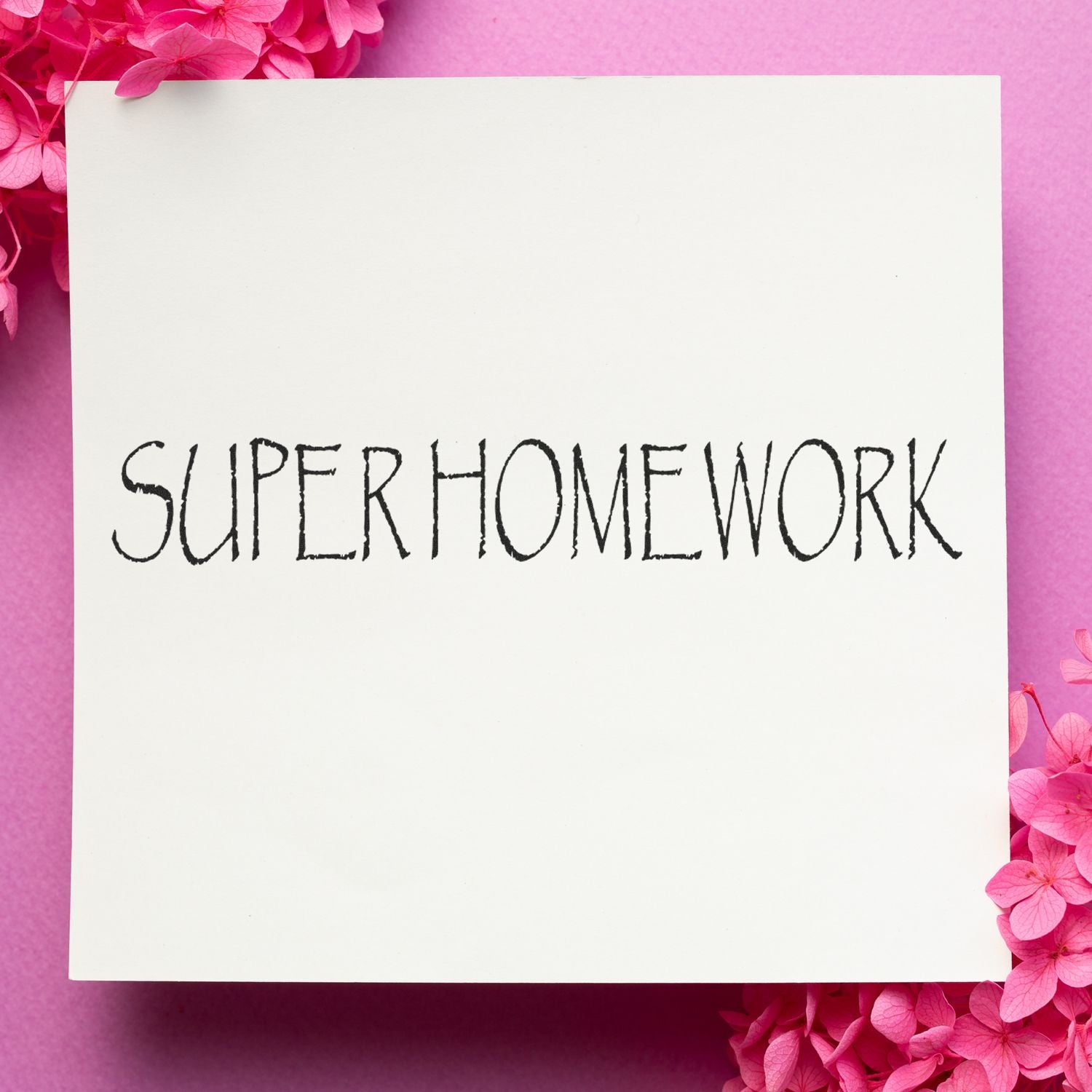 Super Homework Rubber Stamp impression on white paper with pink flowers on a pink background.