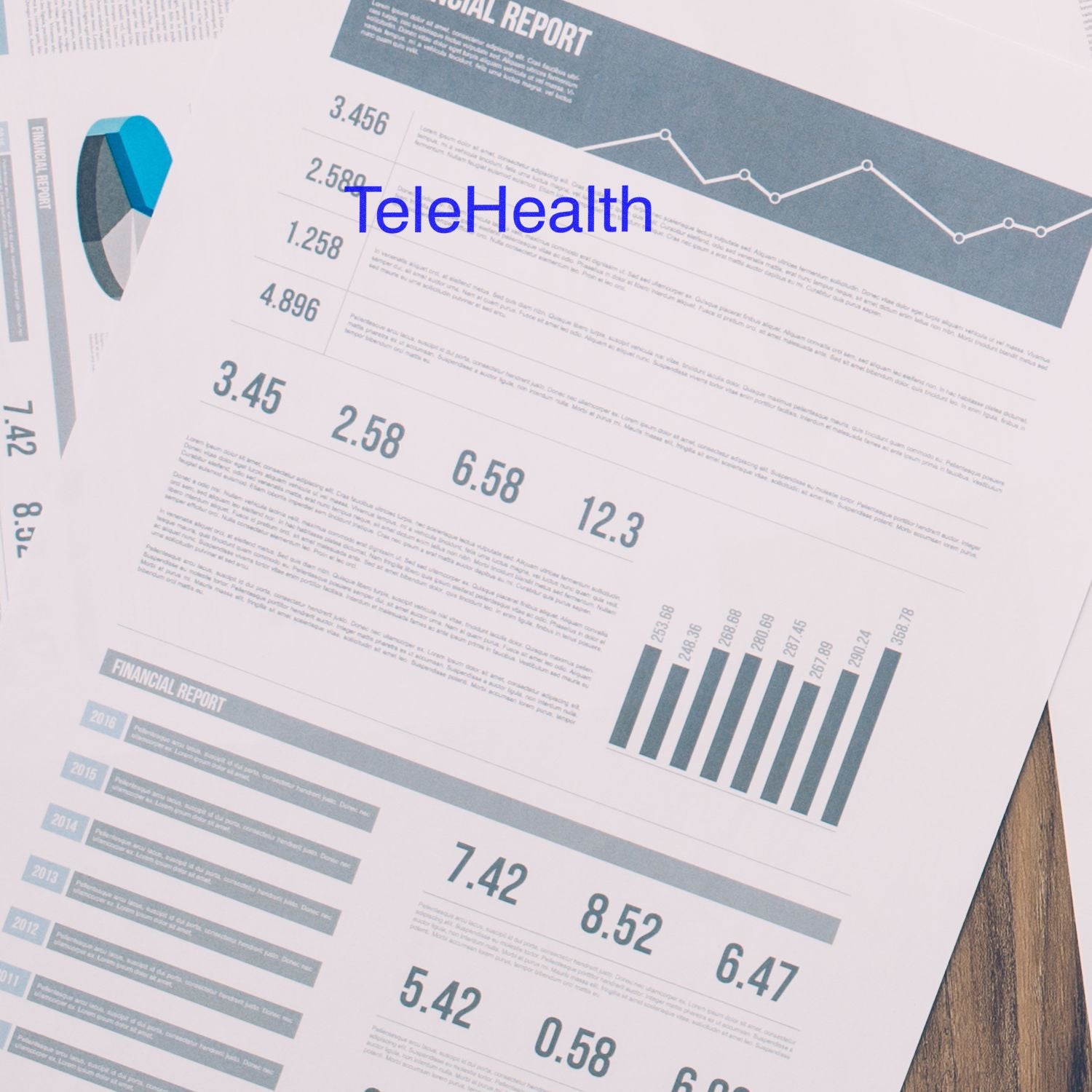 Slim Pre-Inked Telehealth Stamp marking 'TeleHealth' on financial reports with charts and graphs in the background.