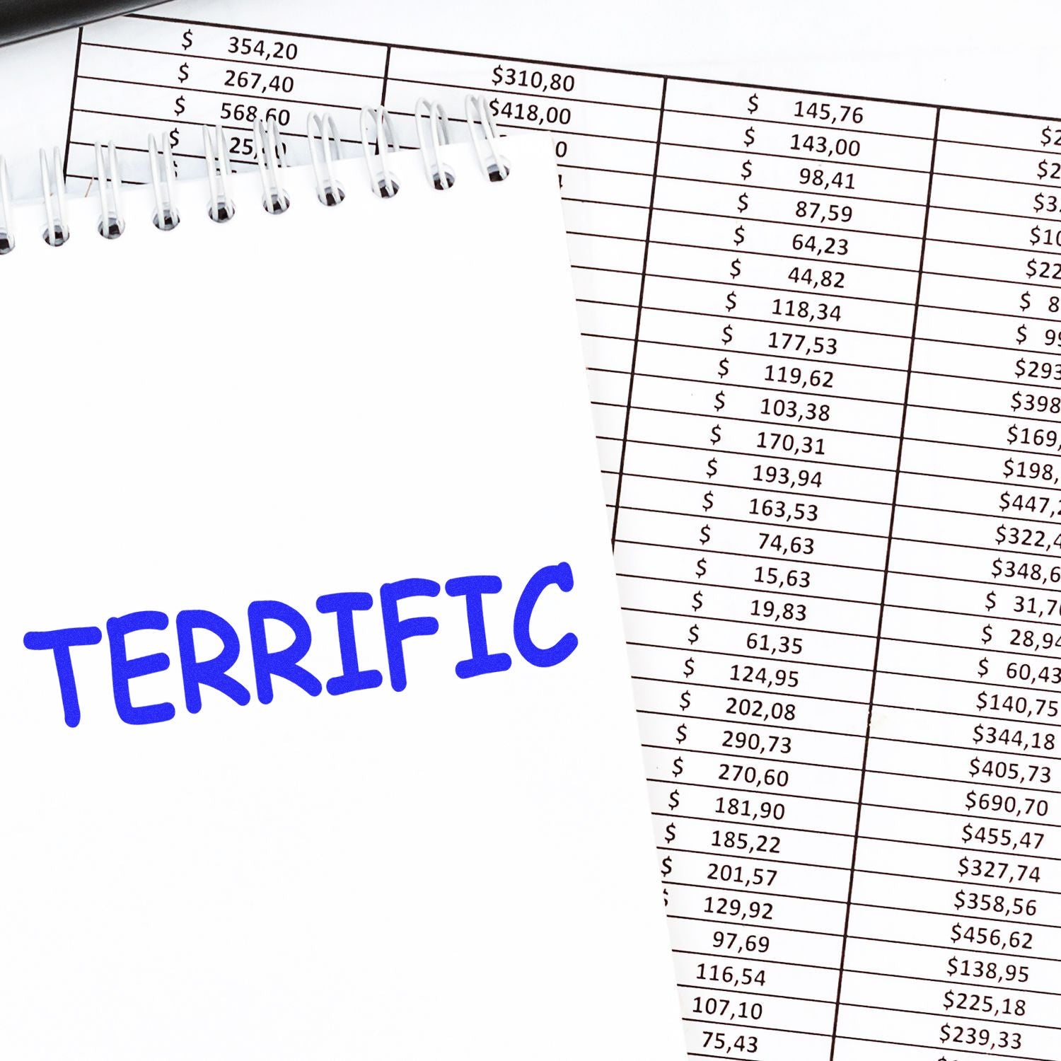 A Self Inking Terrific Stamp is used on a notebook page with the word TERRIFIC stamped in blue ink, next to a financial spreadsheet.