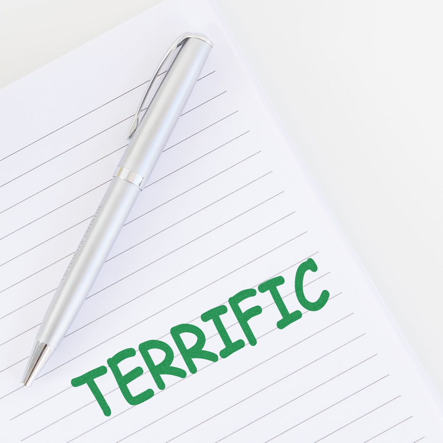 A silver pen lies on a lined notebook with the word TERRIFIC stamped in green using the Large Pre-Inked Terrific Stamp.