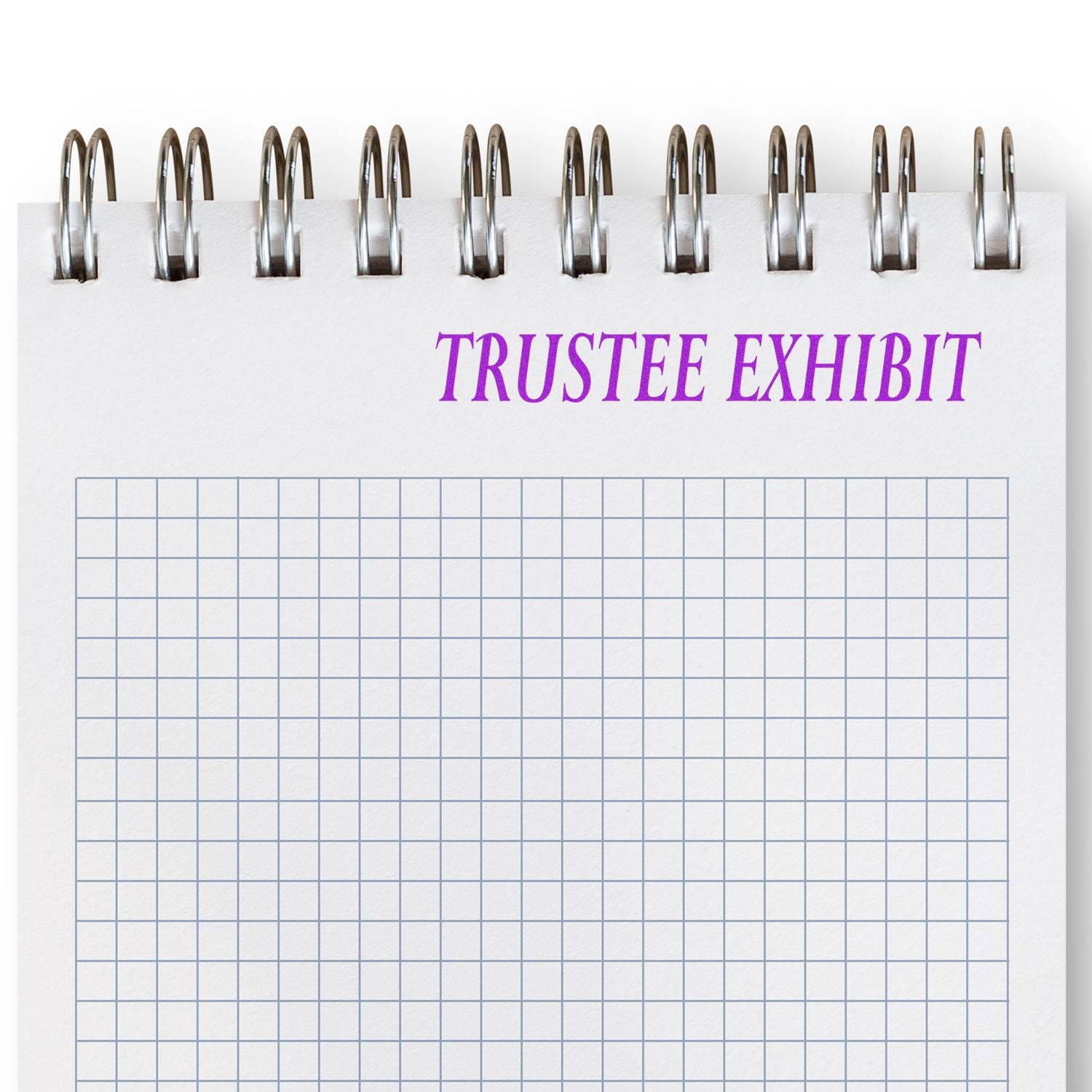 Trustee Exhibit rubber stamp on a spiral-bound notebook with a grid pattern, showcasing the stamped text TRUSTEE EXHIBIT in purple.