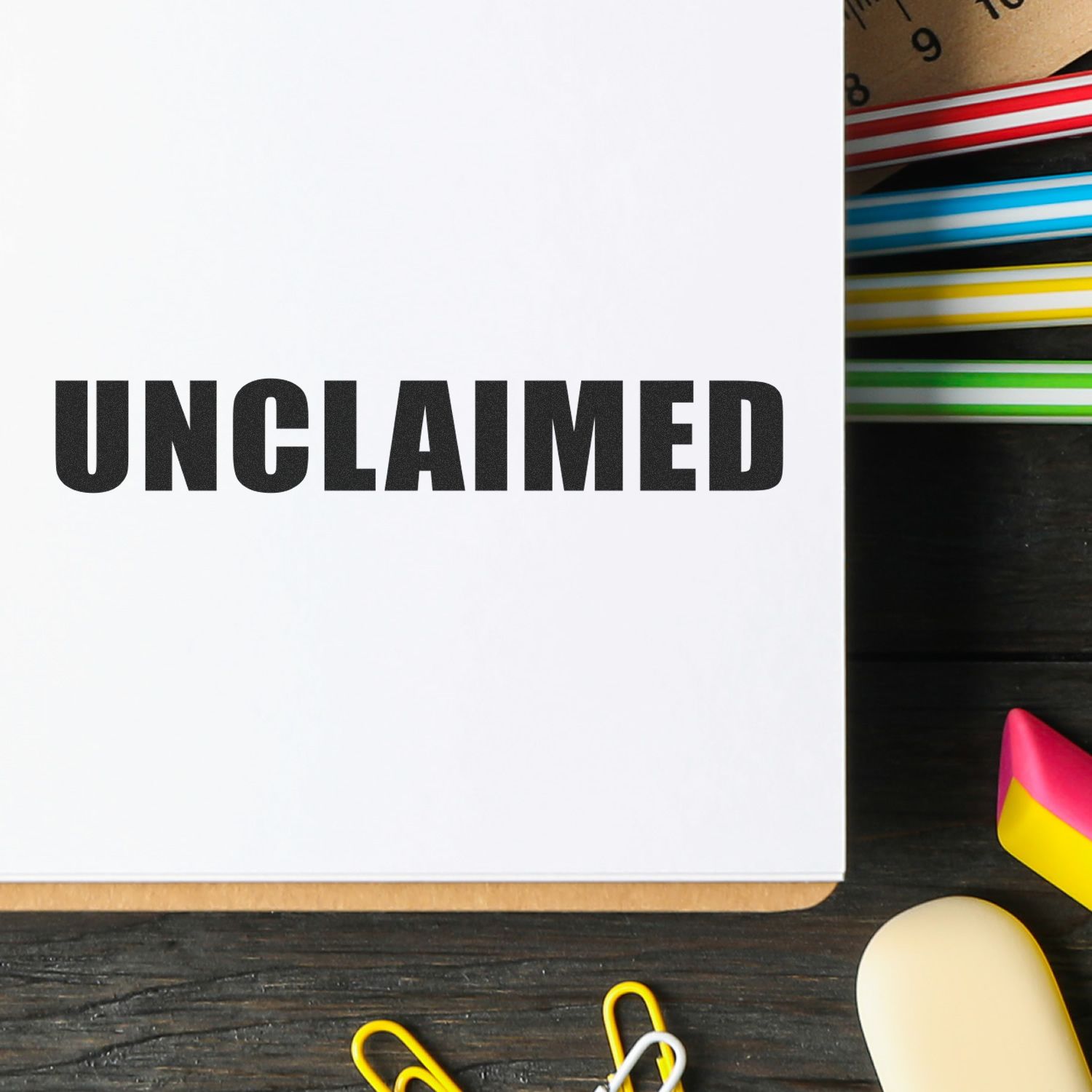 Unclaimed rubber stamp mark on white paper with colorful stationery items in the background.