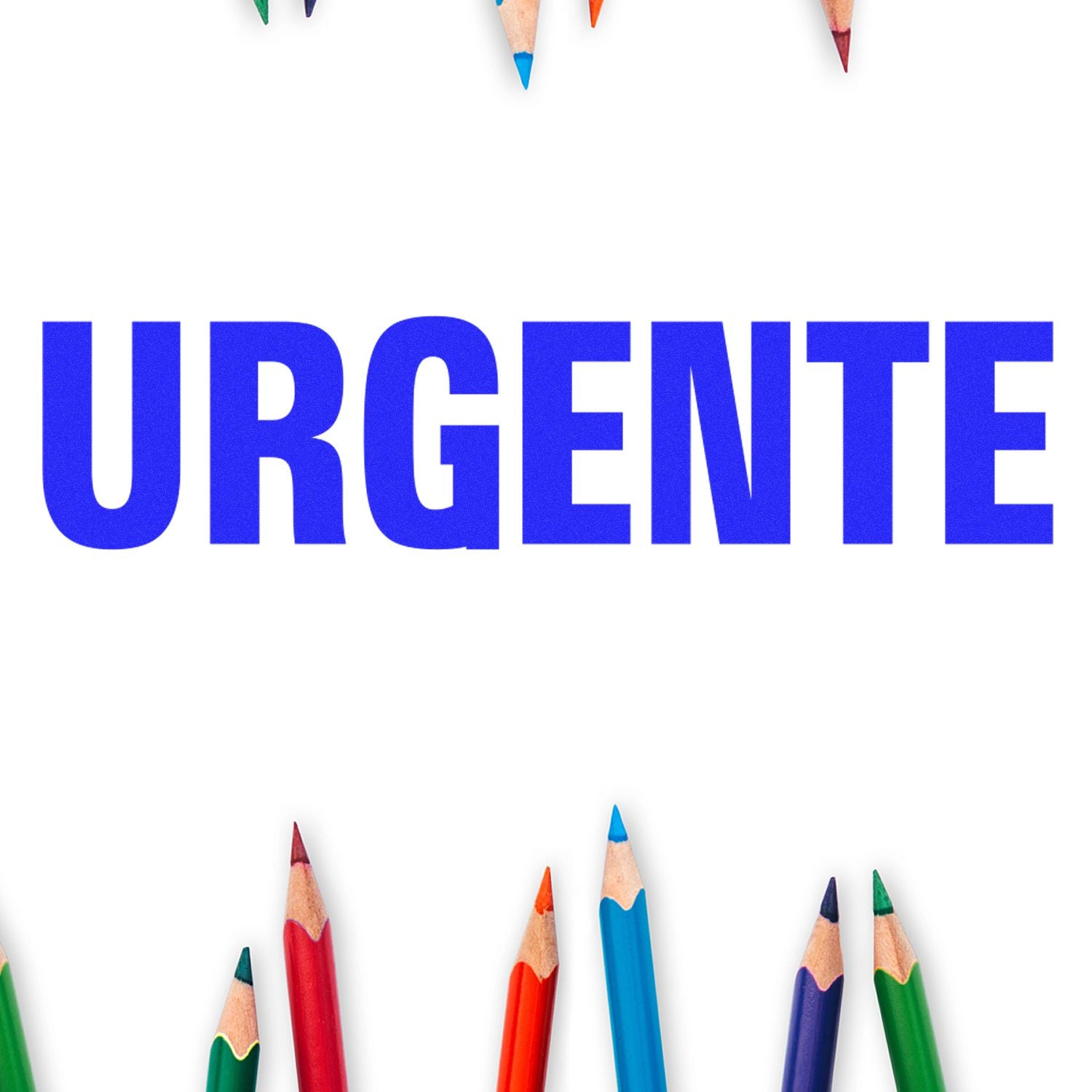 Large Urgente rubber stamp impression in bold blue letters, surrounded by colorful pencils on a white background.