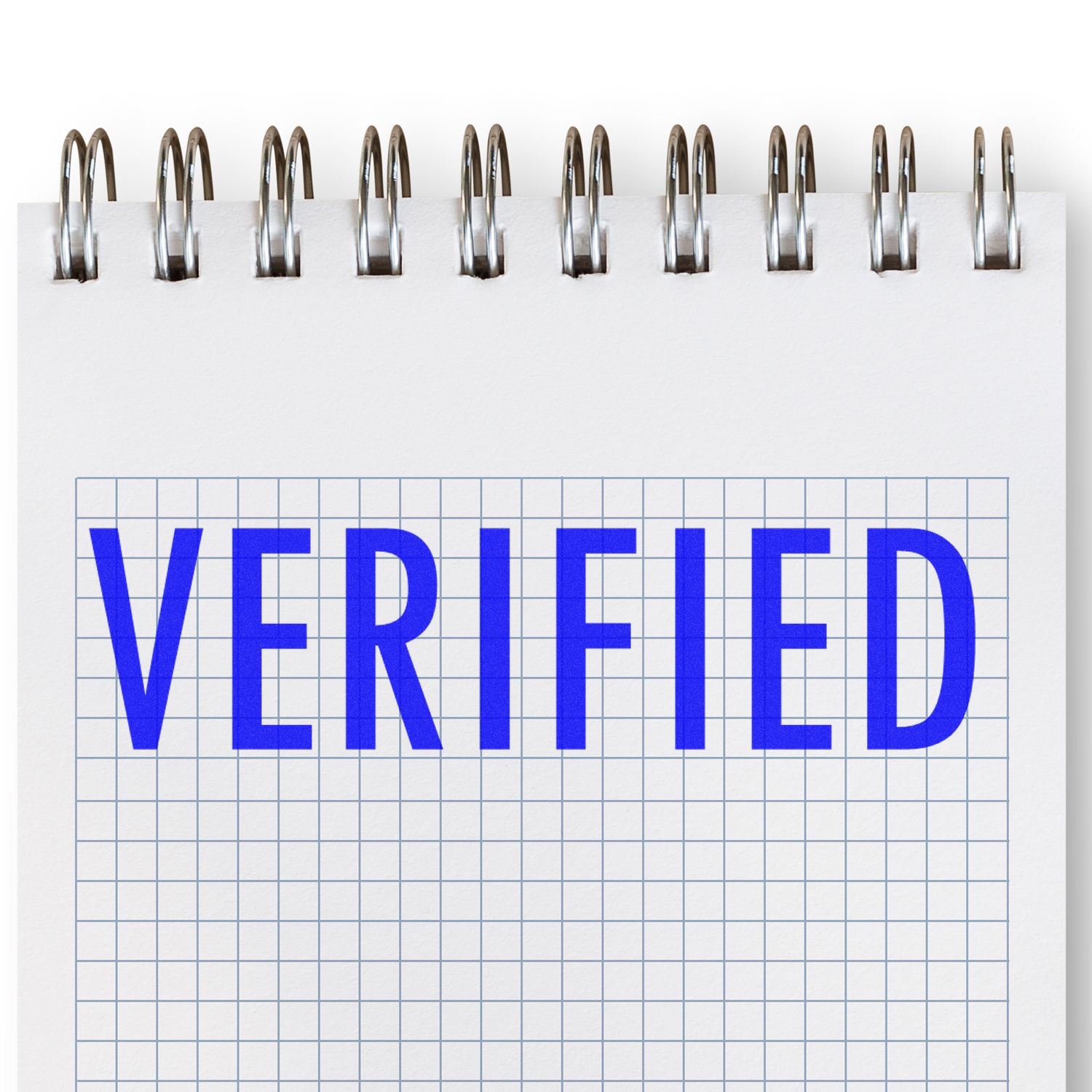 Large Pre-Inked Verified Stamp imprint on a grid notebook page with a spiral binding, displaying the word VERIFIED in bold blue letters.