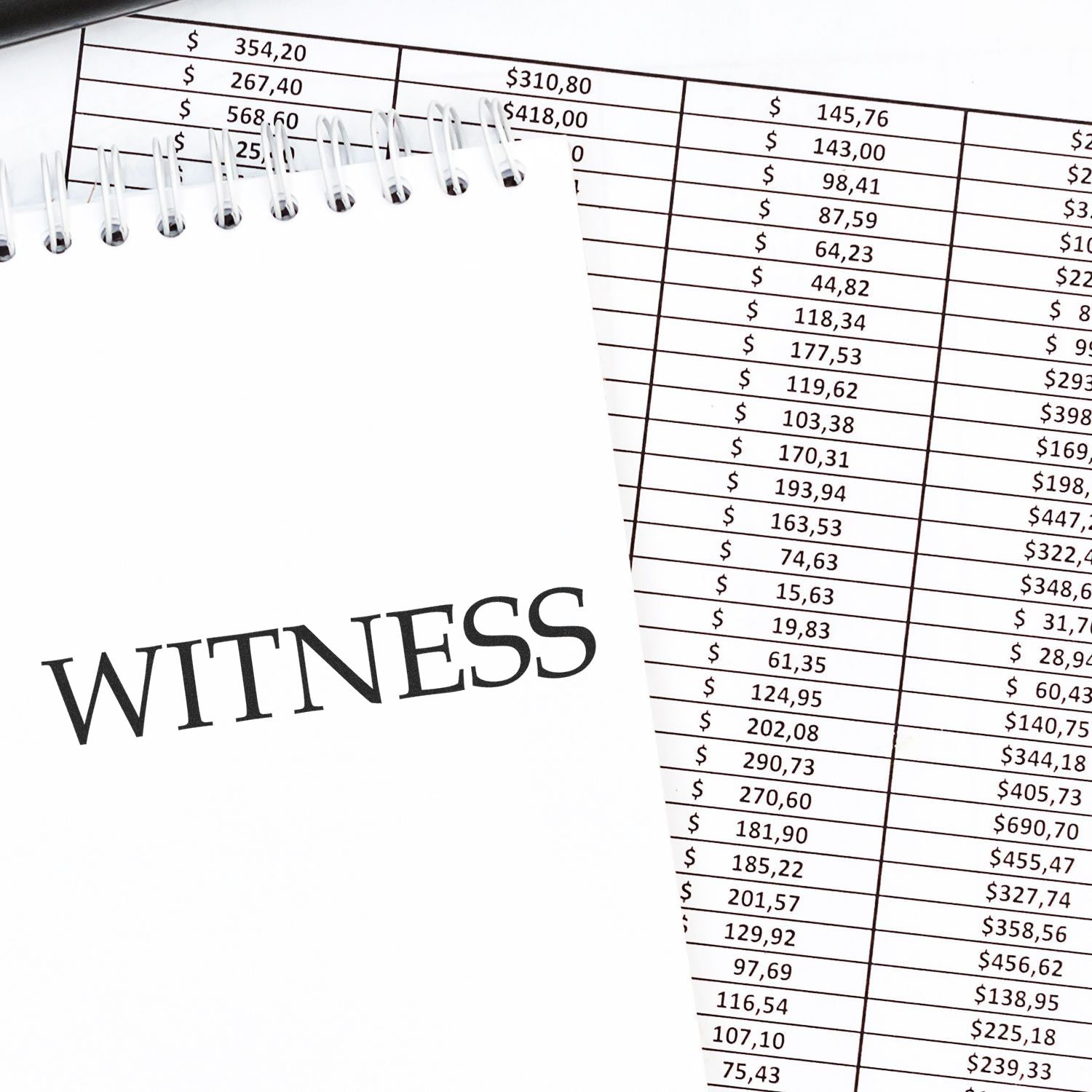 Legal Witness Rubber Stamp on a notepad placed over financial documents with numbers and dollar amounts.