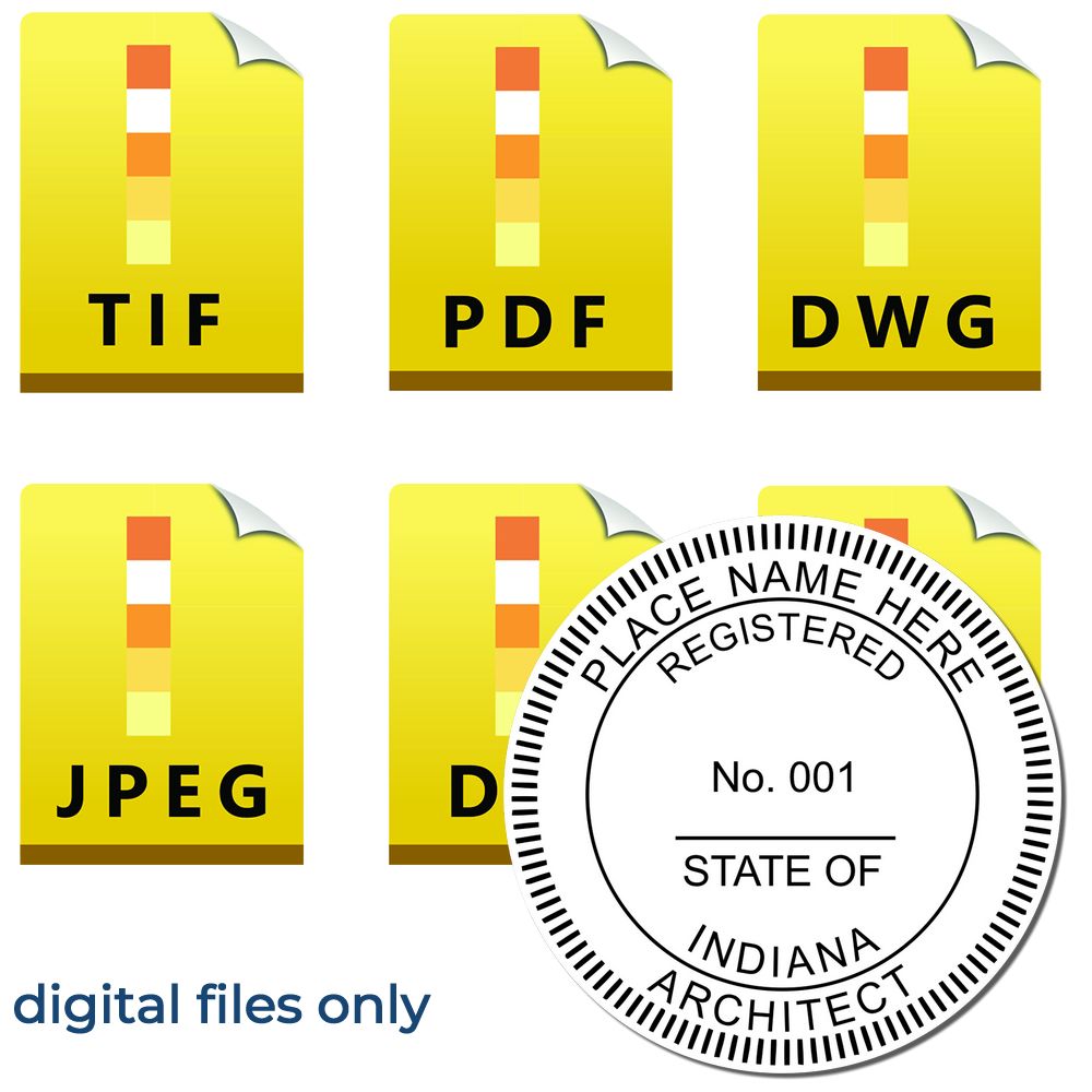 Digital Indiana Architect Stamp, Electronic Seal for Indiana Architect, shown with file format icons for TIF, PDF, DWG, JPEG, and DXF.